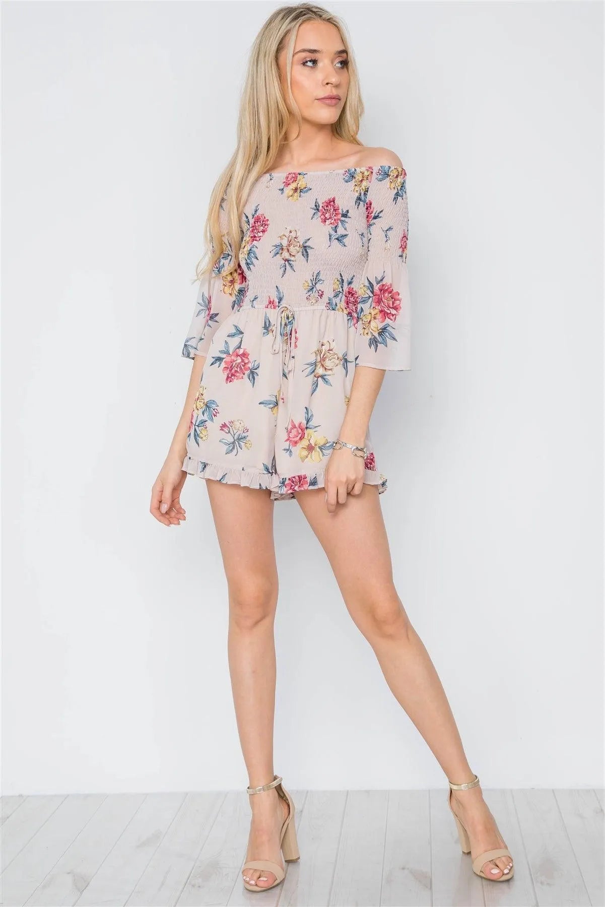 Taupe Smocked Floral Print Off-The-Shoulder Romper /2-2-2 - Tasha Apparel Wholesale