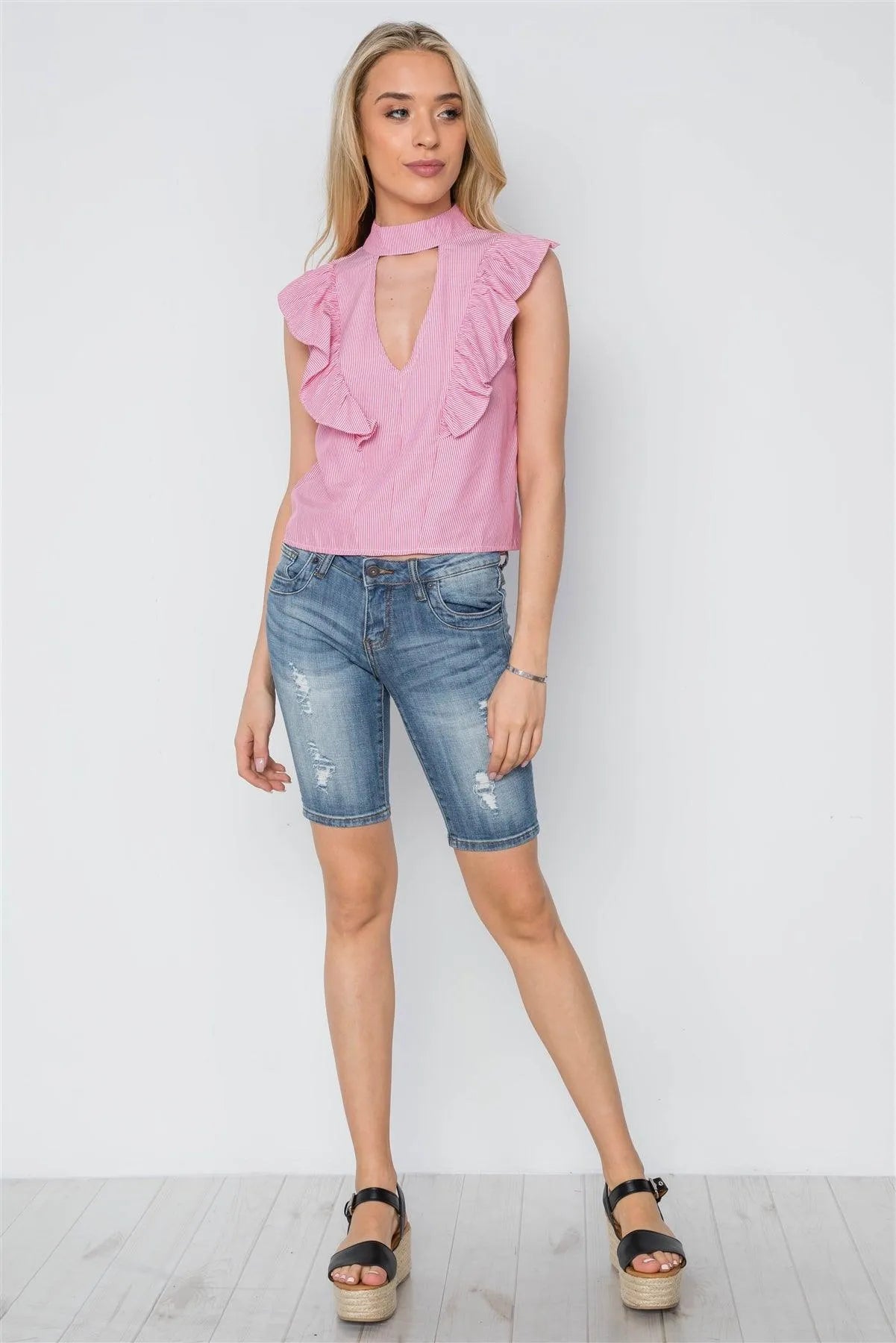 Coral White Stripe Sleeveless Ruffle Mock-Neck Top /3-2-2 - Tasha Apparel Wholesale