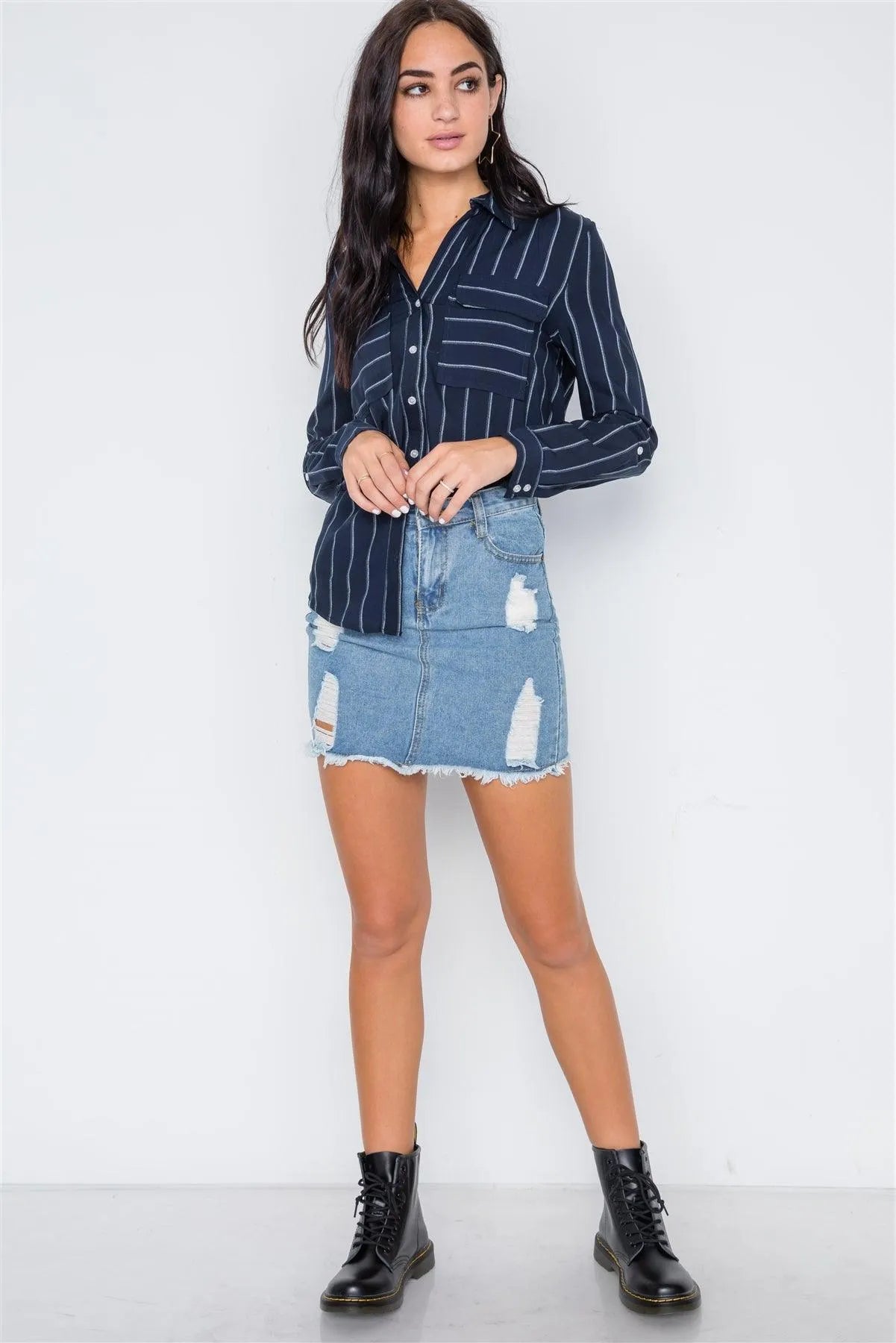 Navy Stripe Long Sleeve Button Down Blouse Top /2-2-2 - Tasha Apparel Wholesale