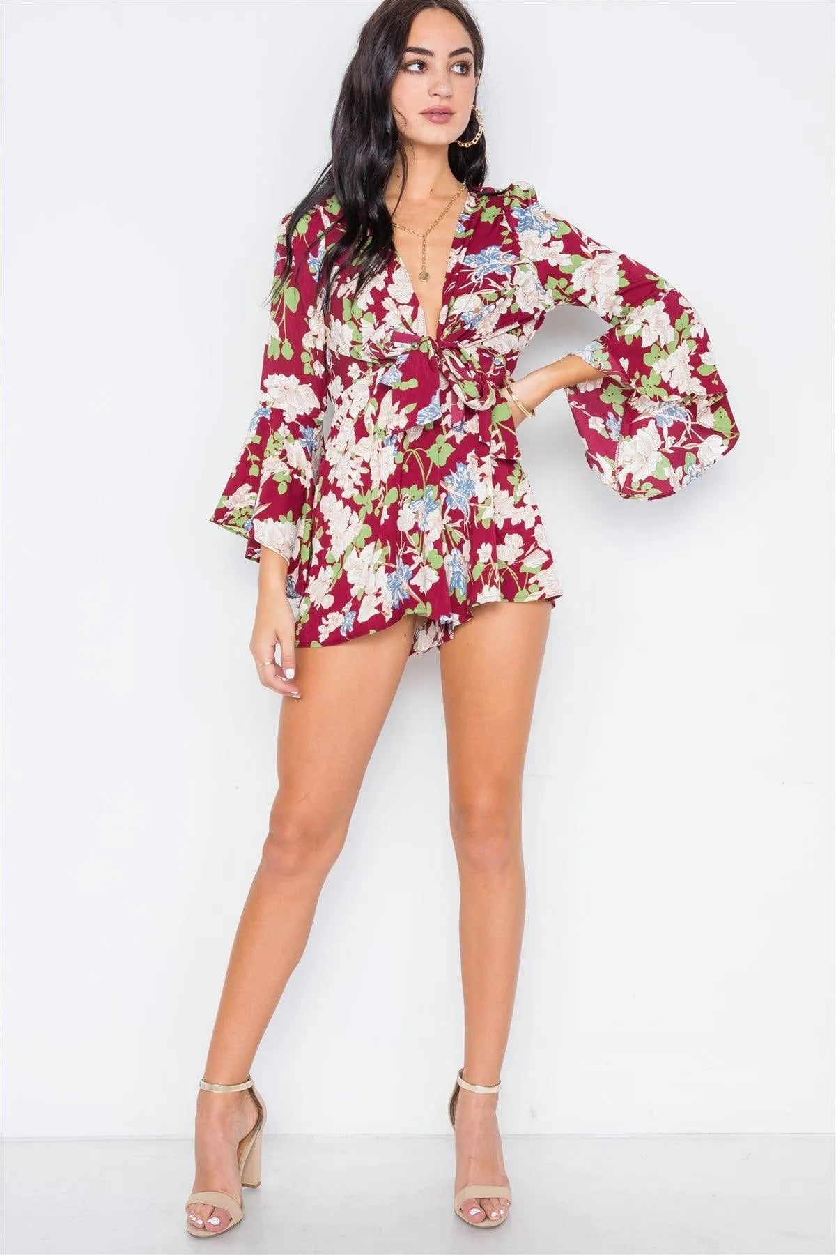 Wine Floral Plunging Tie-Front Bell Sleeve Romper /2-2-2 - Tasha Apparel Wholesale
