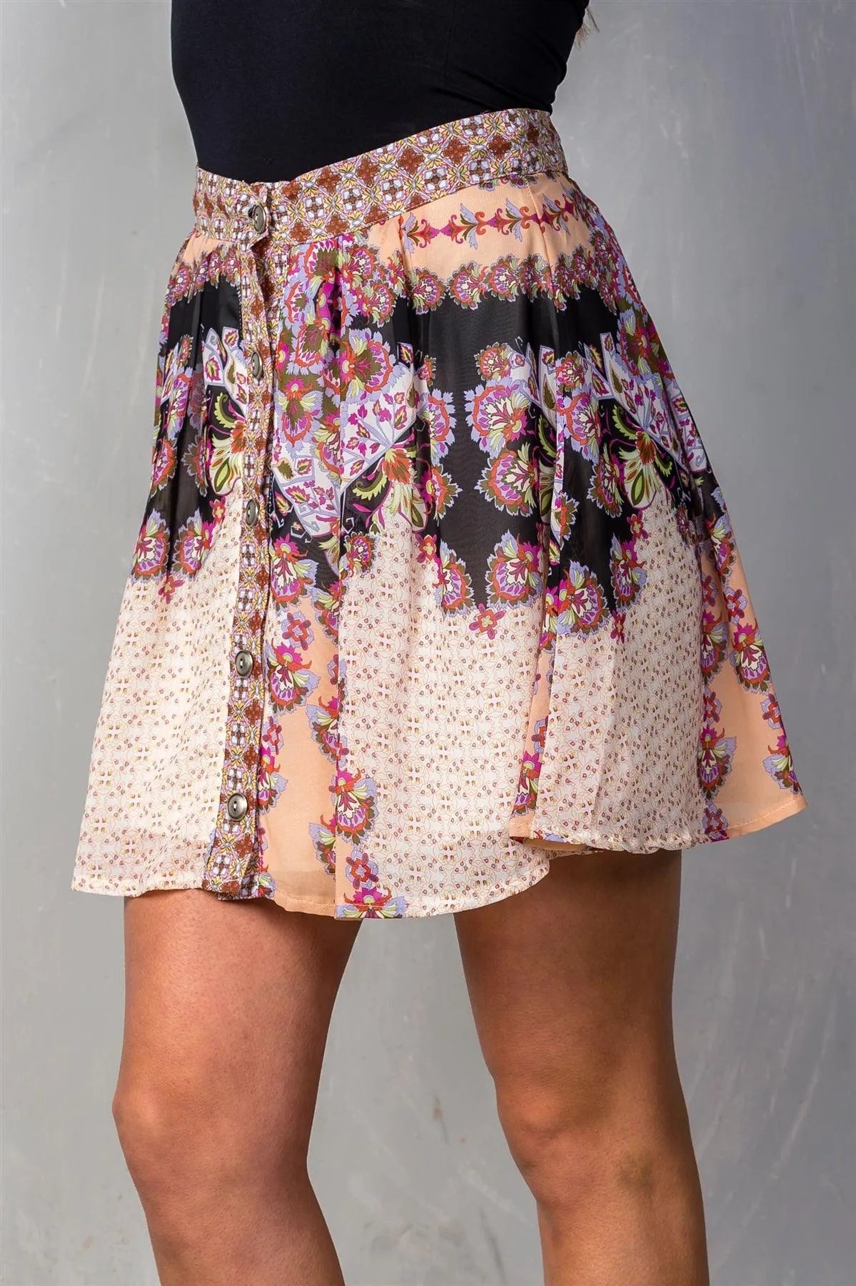 Rose & Floral Button Down Flared Chiffon Light Mini Skirt /2-2-2 - Tasha Apparel Wholesale