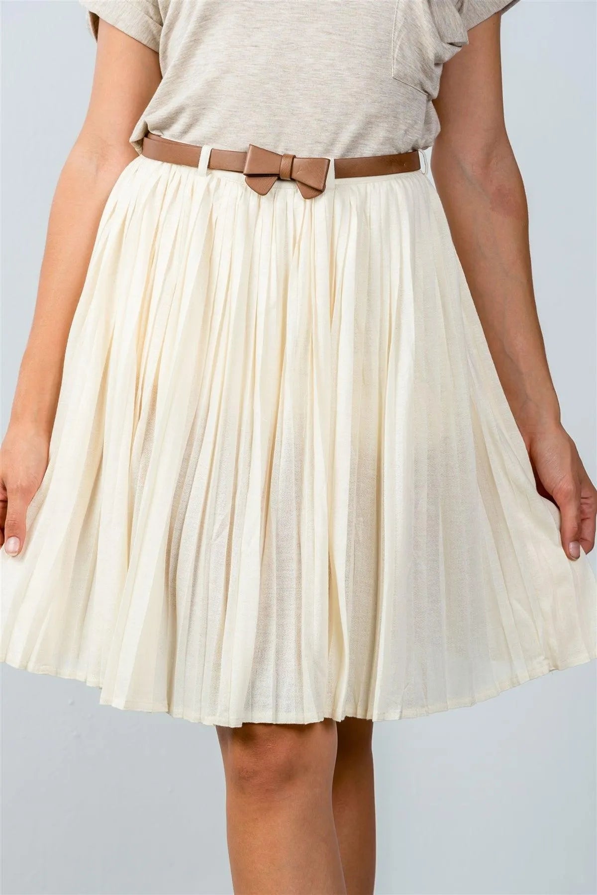 Ivory Pleated Belted Mini Skirt /2-5 - Tasha Apparel Wholesale