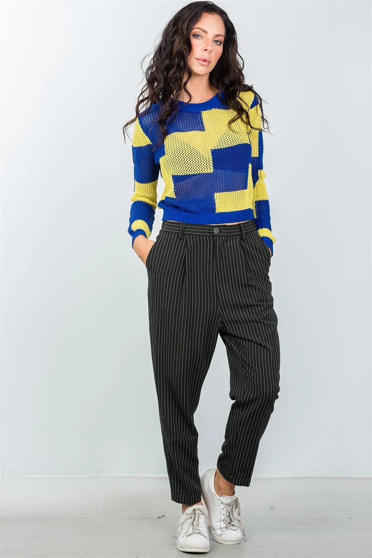 Blue Lime Color-Block Knitted Mesh Top / 2-2-2 - Tasha Apparel Wholesale