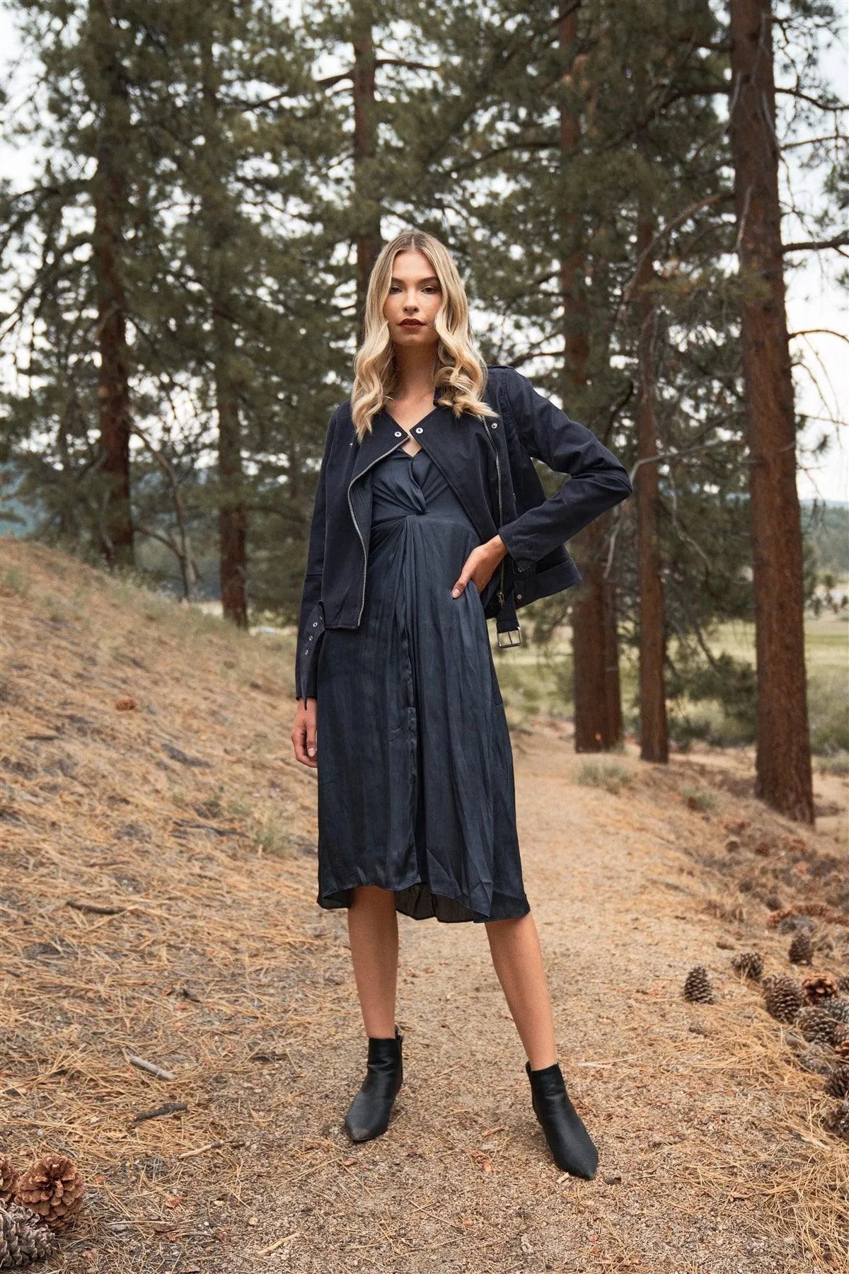 Eclipse Blue Satin Long Balloon Sleeve Wrap V-Neck Midi Dress /3-2-1 - Tasha Apparel Wholesale