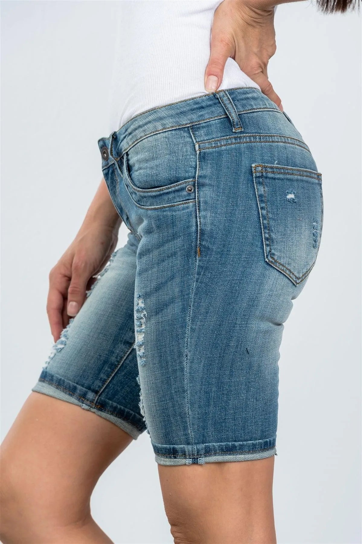 Light Denim Distressed Bermuda Shorts / 4-2 - Tasha Apparel Wholesale