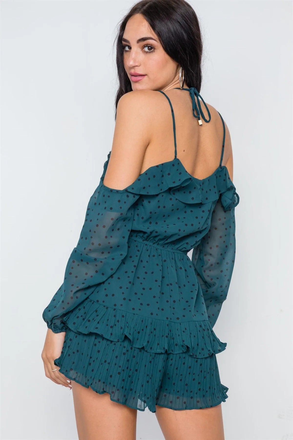 Forest Green Chiffon Cold Shoulder Cami Polka Dot Romper /2-2-1 - Tasha Apparel Wholesale