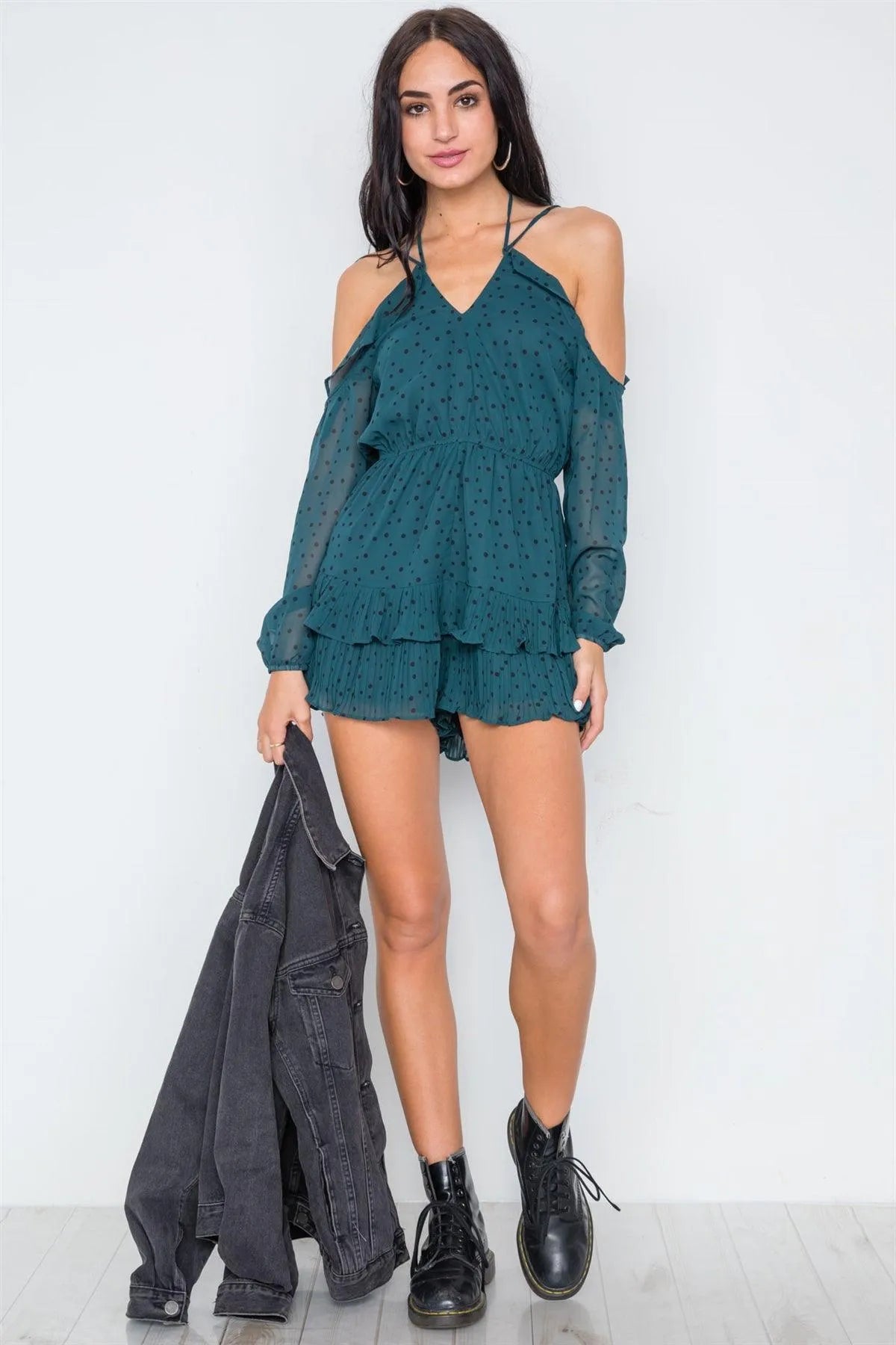 Forest Green Chiffon Cold Shoulder Cami Polka Dot Romper /1-3-2-1 - Tasha Apparel Wholesale