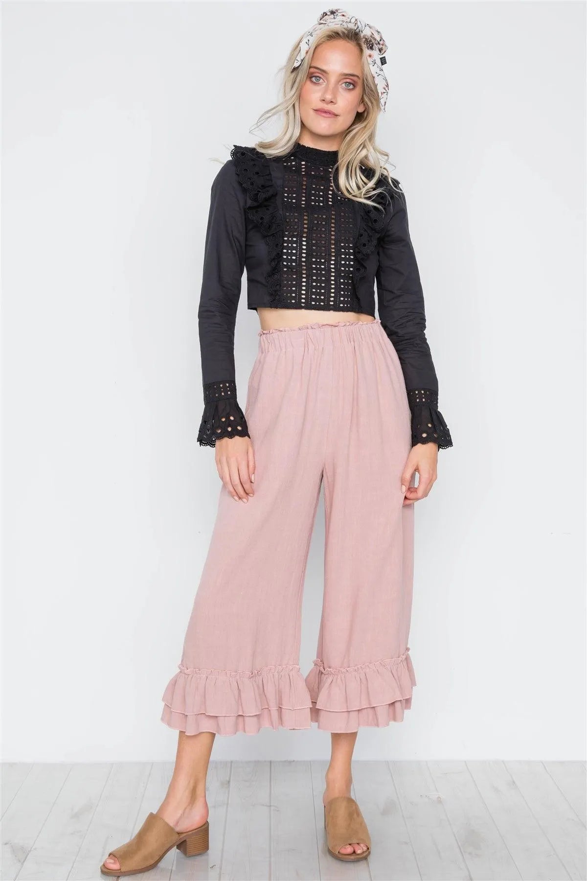 Black Ruffle Embroidery Mock-Neck Crop Top /1-3-2-1 - Tasha Apparel Wholesale