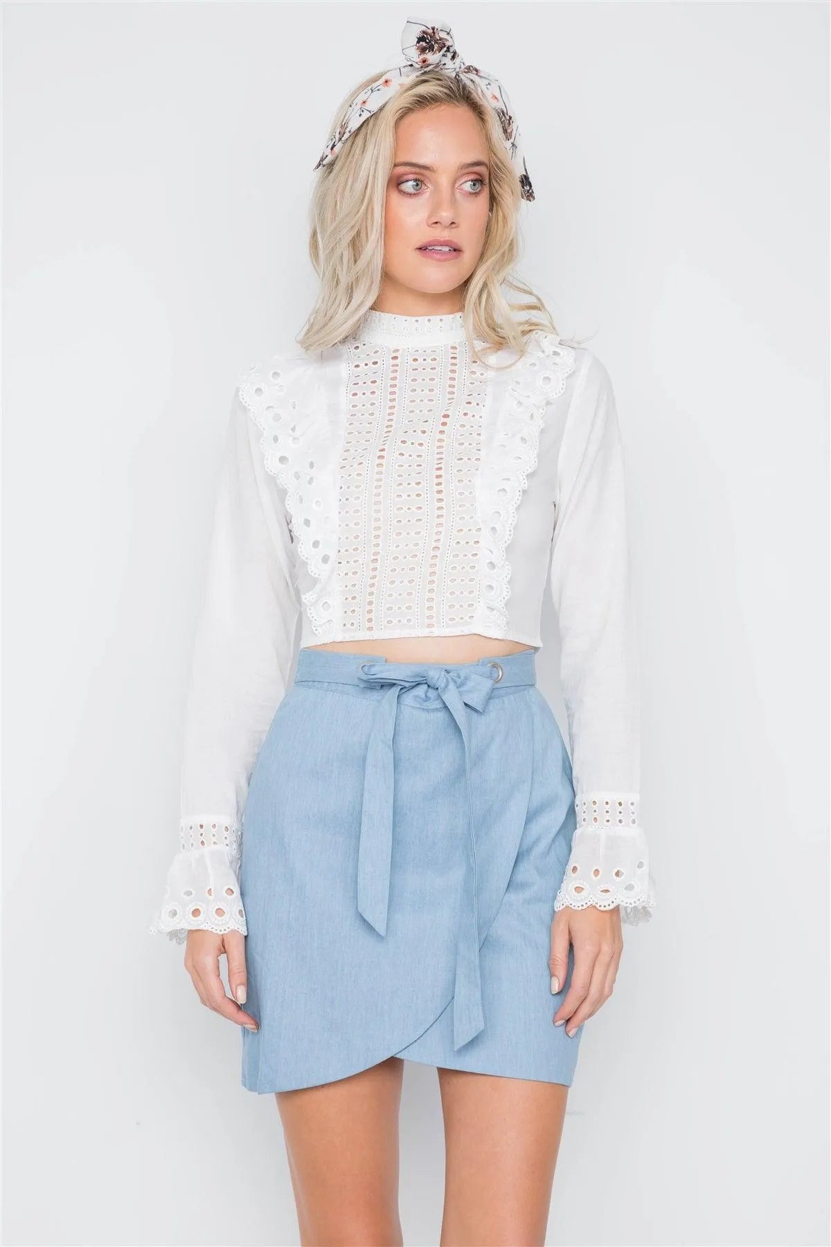 White Ruffle Embroidery Mock-Neck Crop Top /3-2-1 - Tasha Apparel Wholesale