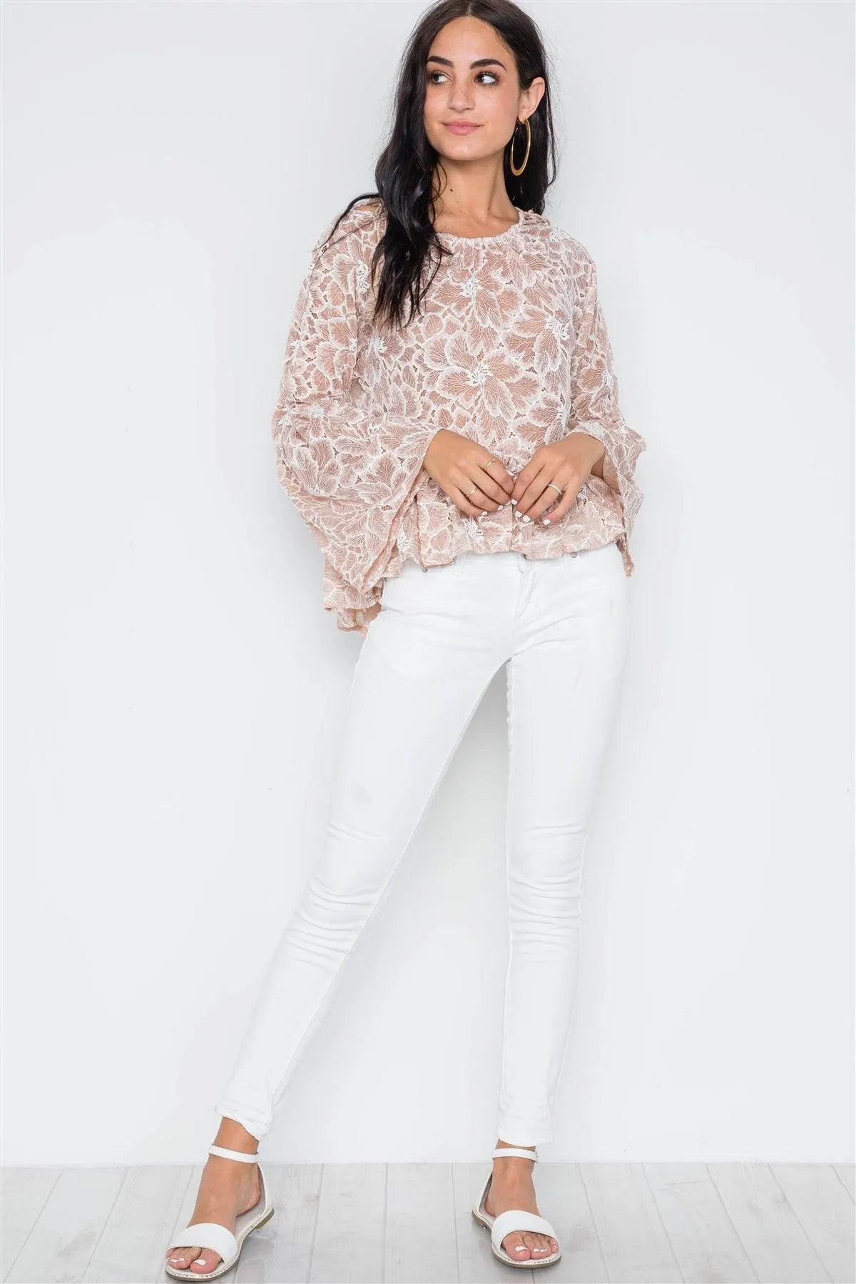 Mocha Sheer Floral Lace Bell Sleeve Top /1-4-2-1 - Tasha Apparel Wholesale