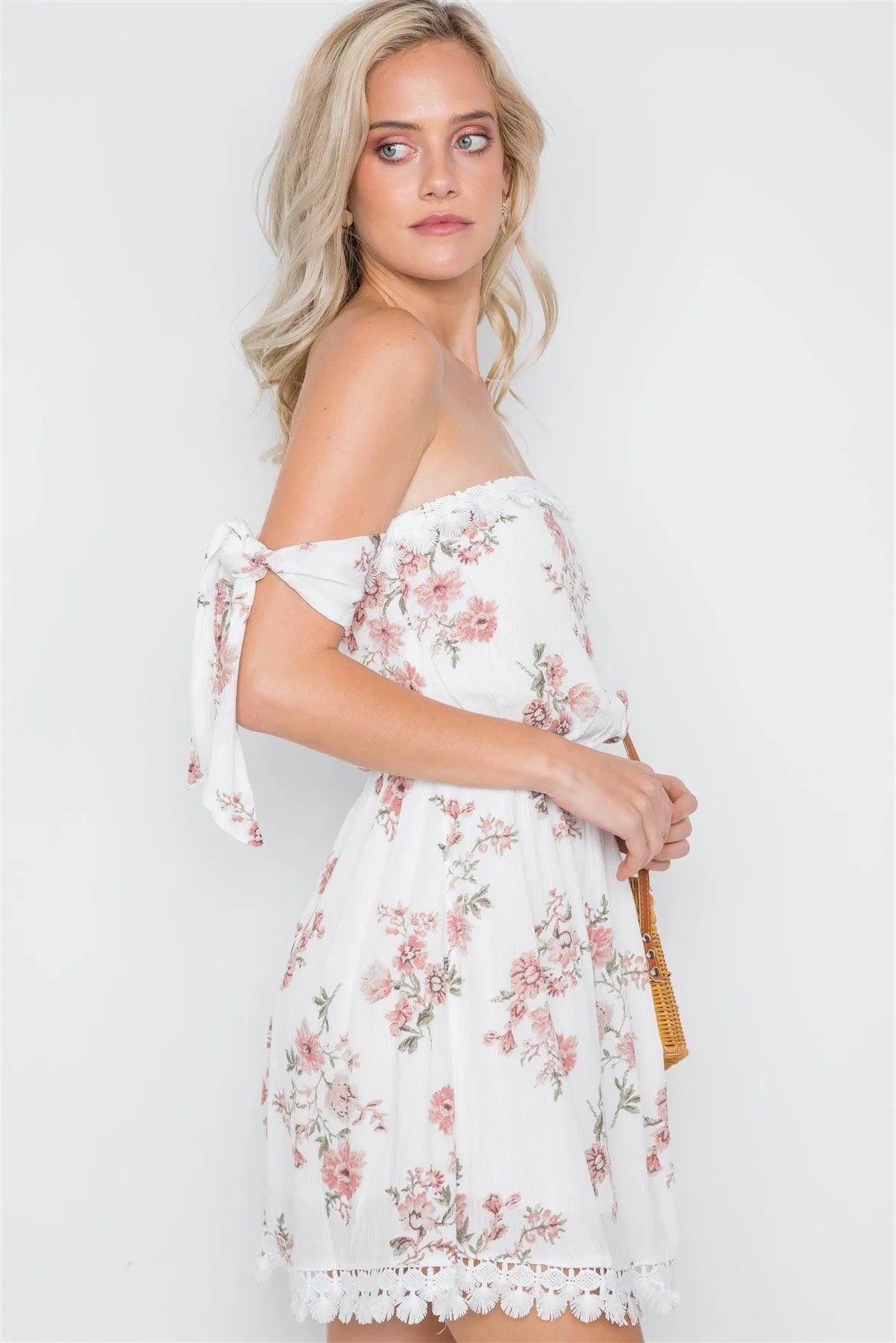 White Floral Self Tie Sleeves Mini Dress /1-2-2-1 - Tasha Apparel Wholesale