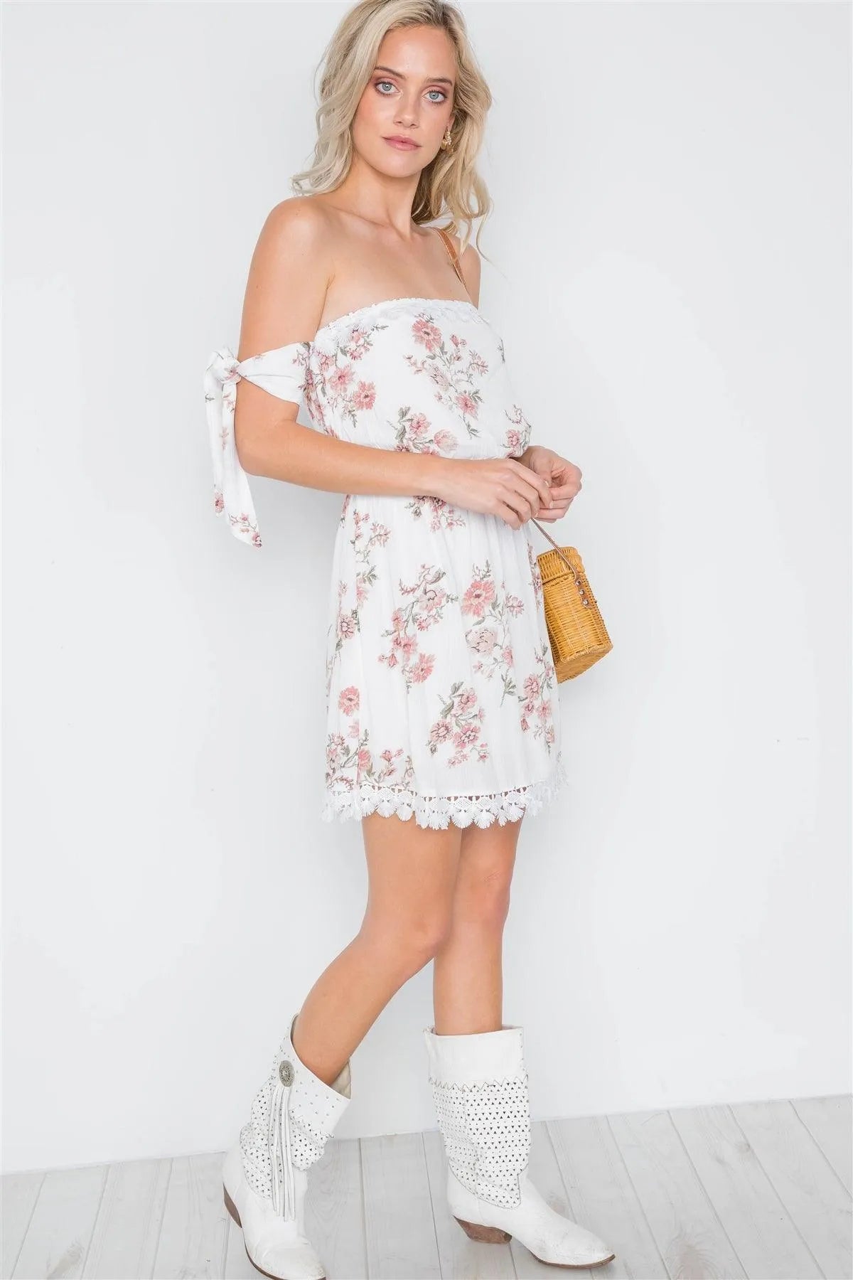 White Floral Self Tie Sleeves Mini Dress /1-3-2-1 - Tasha Apparel Wholesale