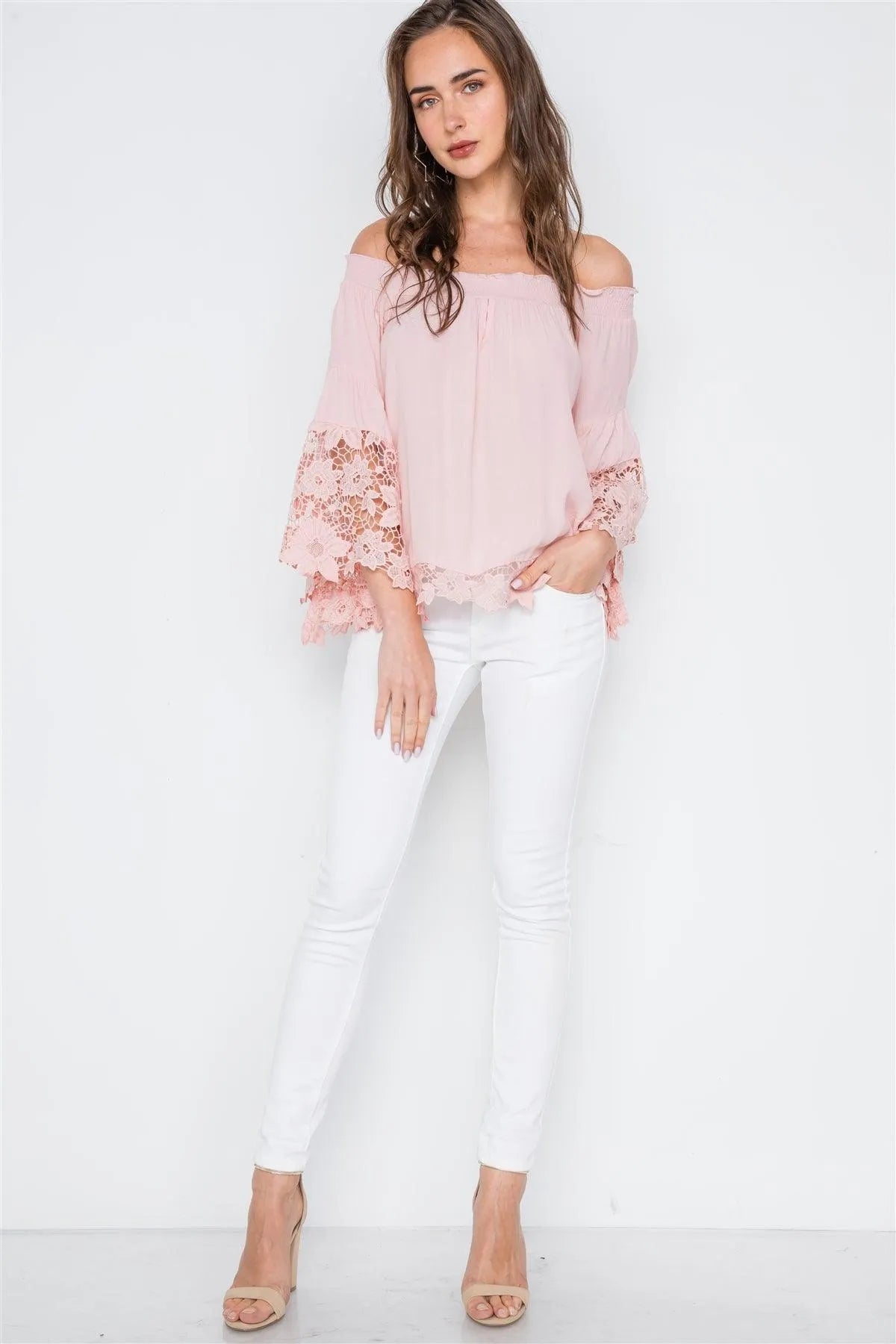 Pink Off-The Shoulder Crochet Bell Sleeve Top /2-2-2 - Tasha Apparel Wholesale