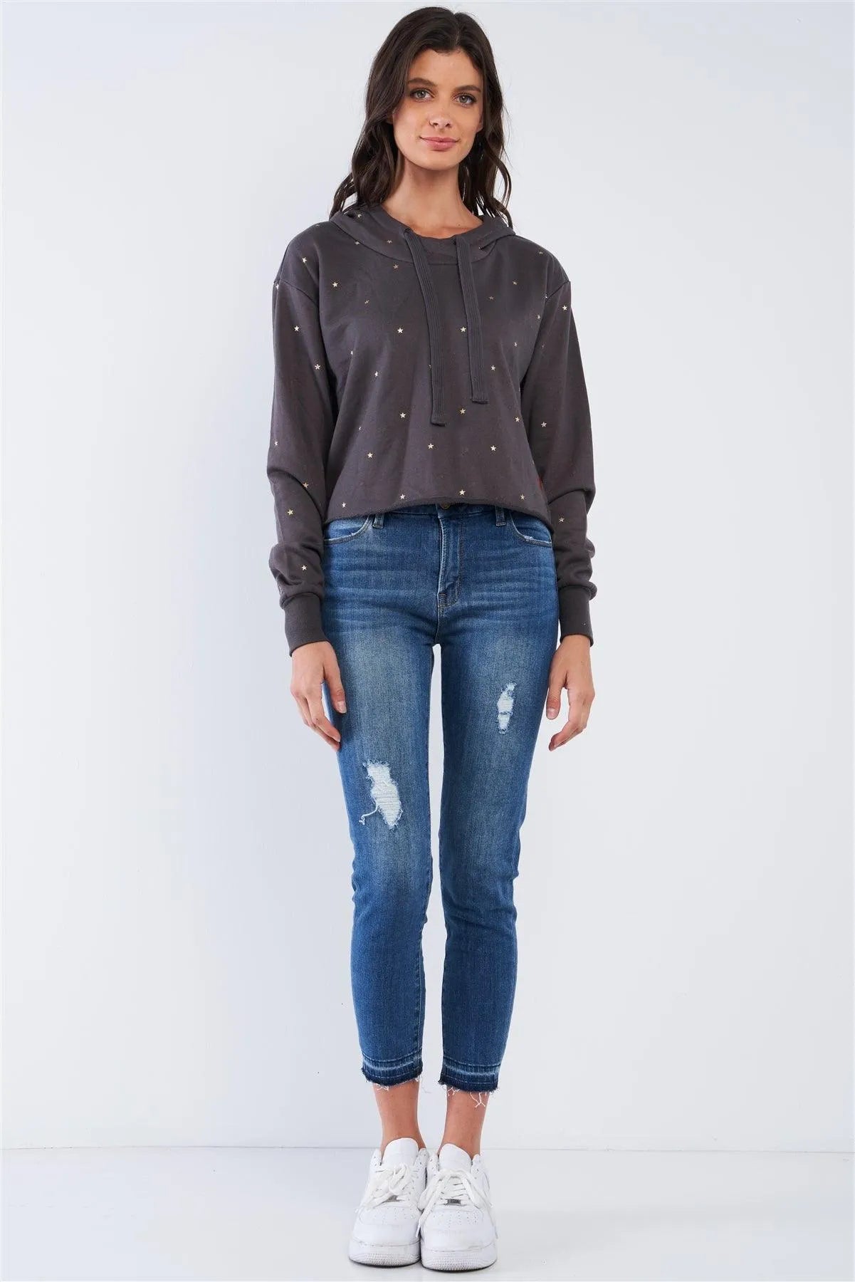 Starlight Charcoal Grey Long Sleeve Star Print Hi-Lo Burnout Hoodie /1-3-3-1 - Tasha Apparel Wholesale