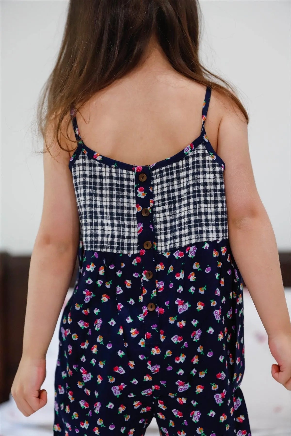 Toddler Girls Navy Floral & Plaid Print Back Button Up Detail Sleeveless Jumpsuit /2-2-2 - Tasha Apparel Wholesale