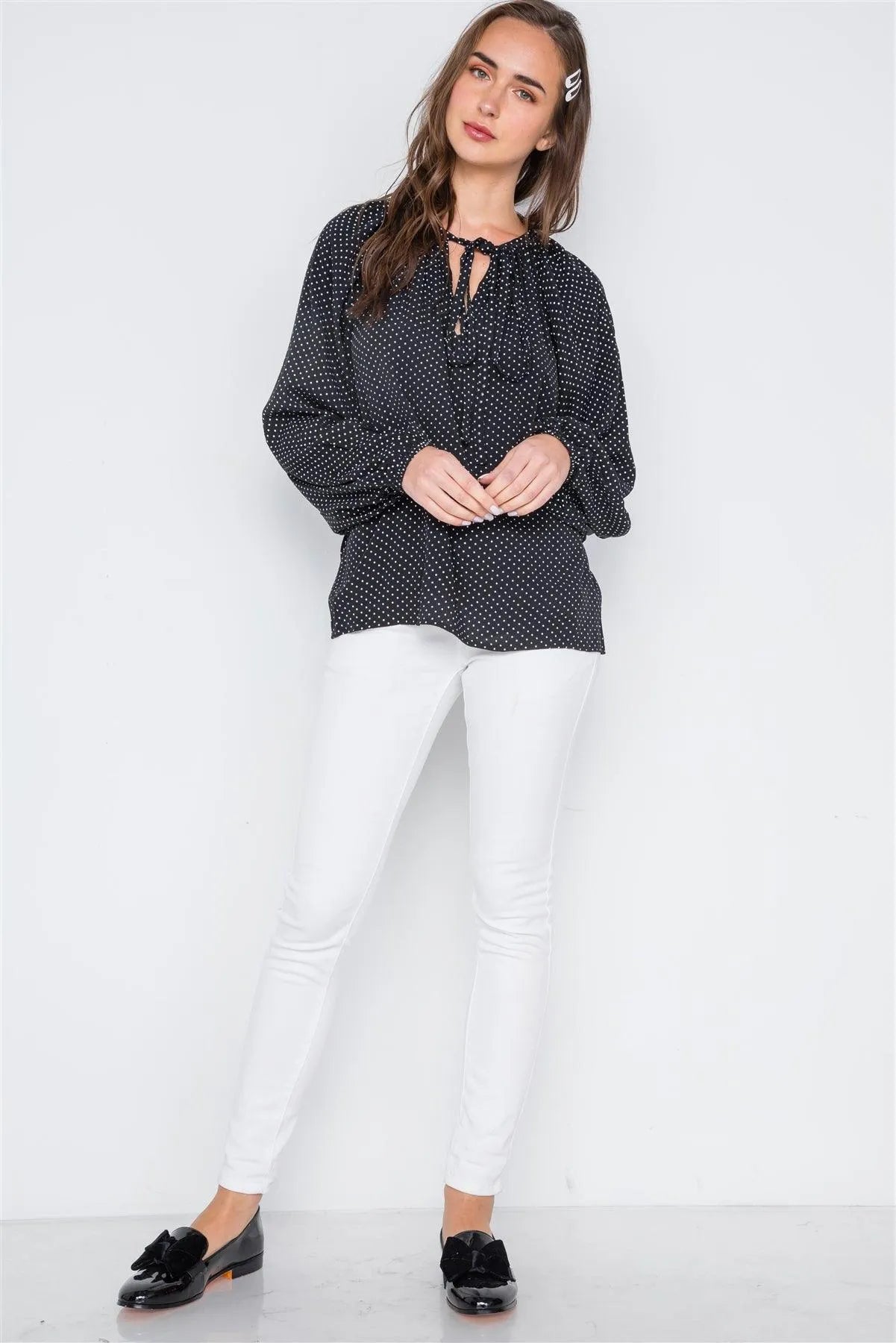 Polka Dot Black White Long Sleeve Self Tie Top /2-2-2 - Tasha Apparel Wholesale