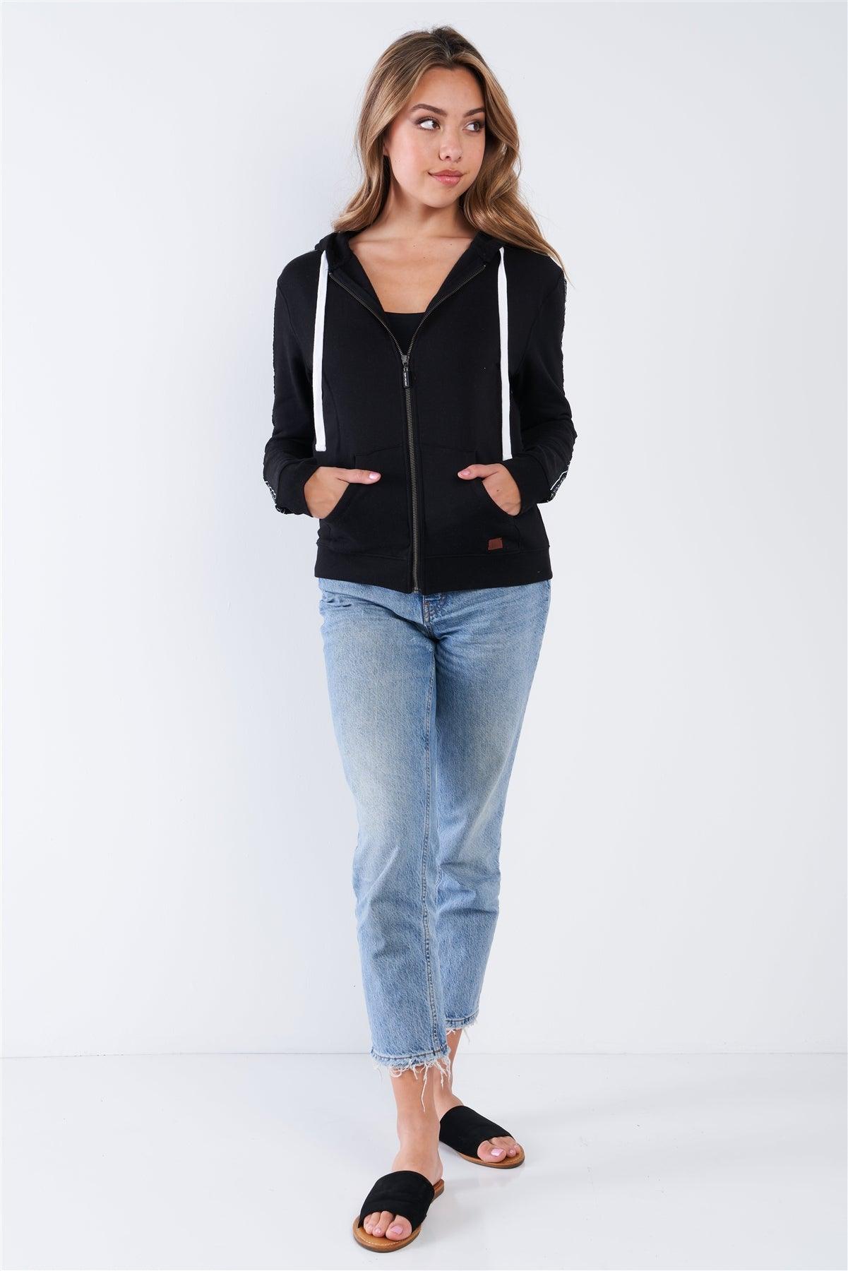 Black Long Sleeve "Peace Love World" Graphic Zip Up Casual Hoodie - Tasha Apparel Wholesale