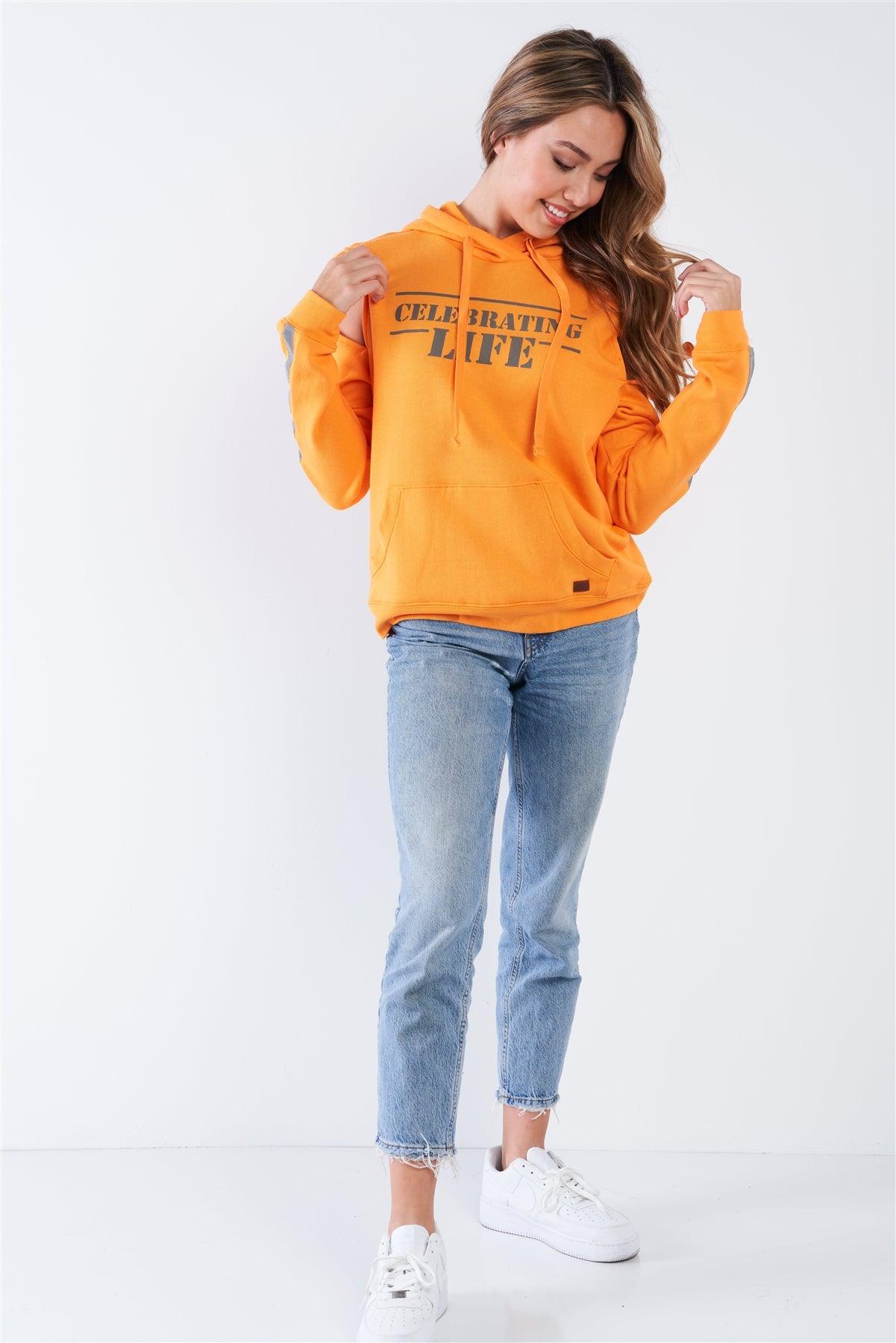 Orange Long Sleeve Adjustable Buckle Cold Shoulder "Celebrating Life" Hoodie - Tasha Apparel Wholesale