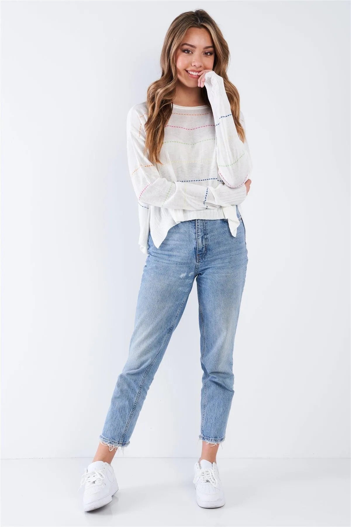Natural Colorblock Scoop Neck Long Sleeve Knit Top - Tasha Apparel Wholesale
