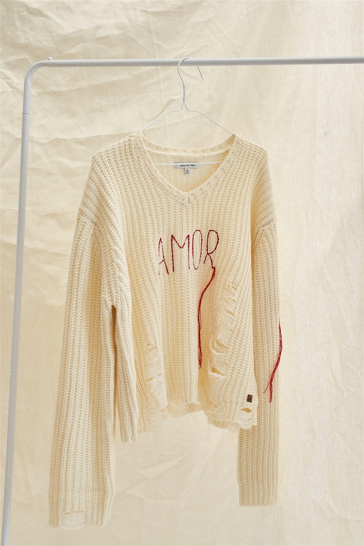 Natural "Amor" V-Neck Distressed Dolman Sleeve Knit Sweater /1-3-3 - Tasha Apparel Wholesale