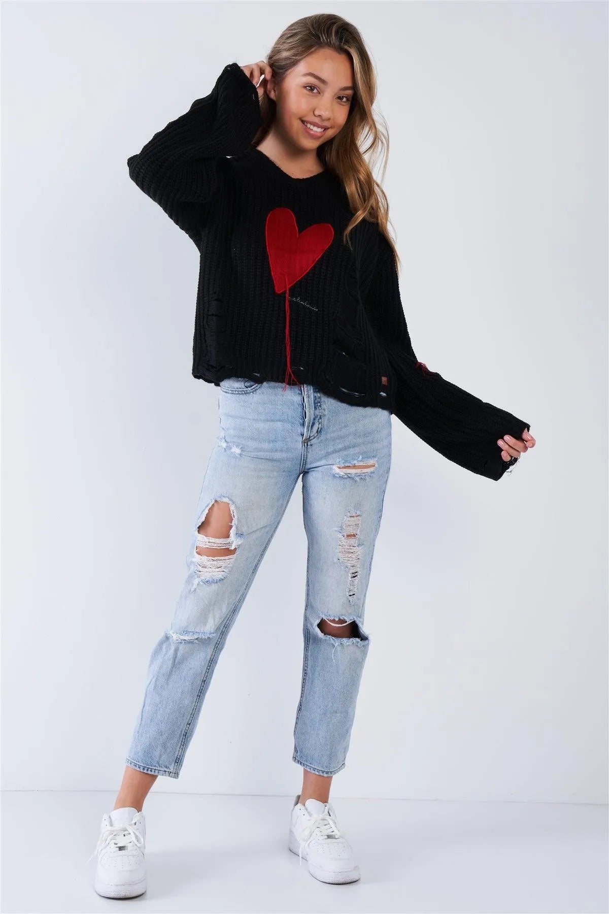 Black Over Size Fit Embroidered Heart Distressed Sweater - Tasha Apparel Wholesale
