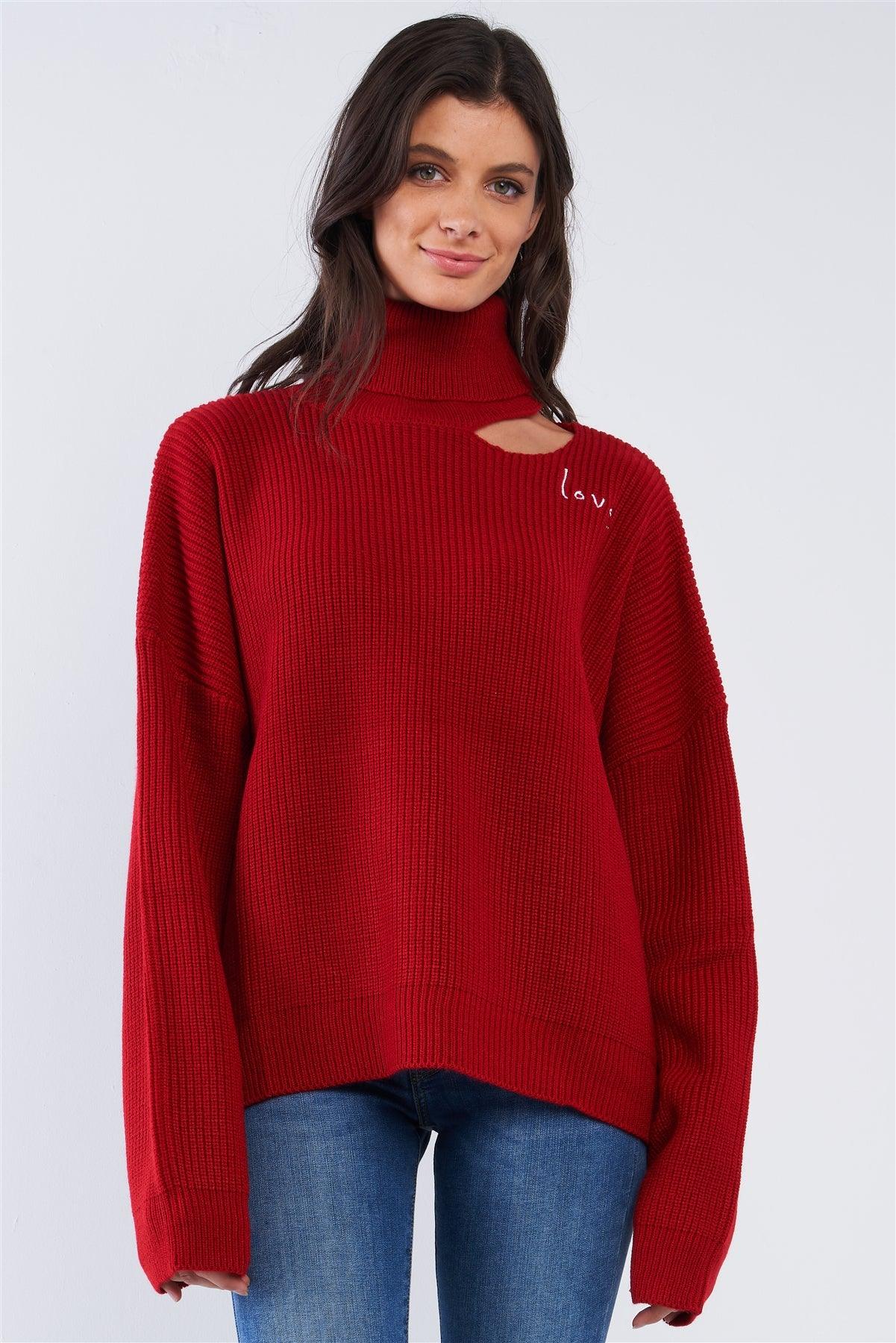 Fire Red "LOVE" Graphic Oversized Dolman Sleeve Shoulder Cutout Loose Fit Turtleneck Sweater /2-2-2-2 - Tasha Apparel Wholesale