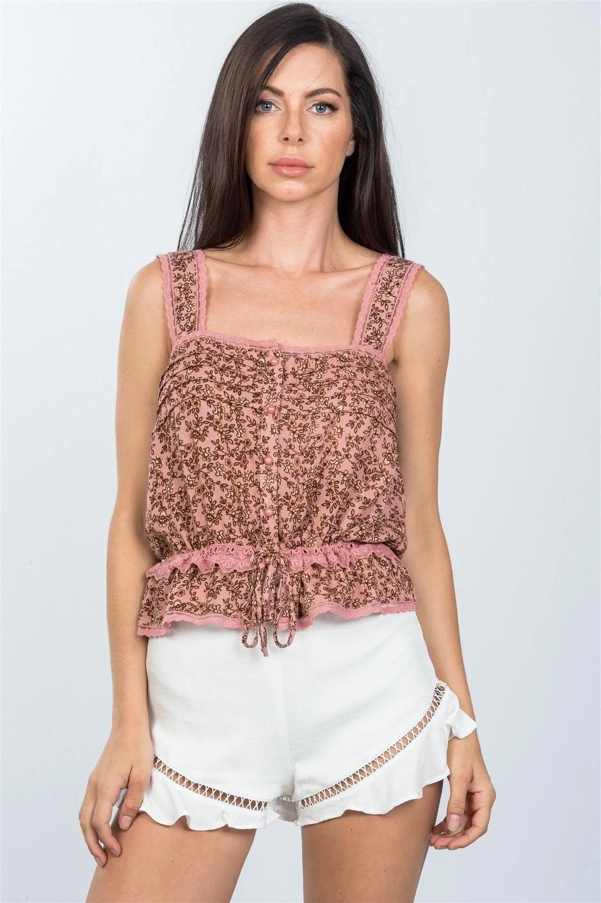 Boho White Ladder Trim Frill Hem Babydoll Shorts / 3-2-1 - Tasha Apparel Wholesale