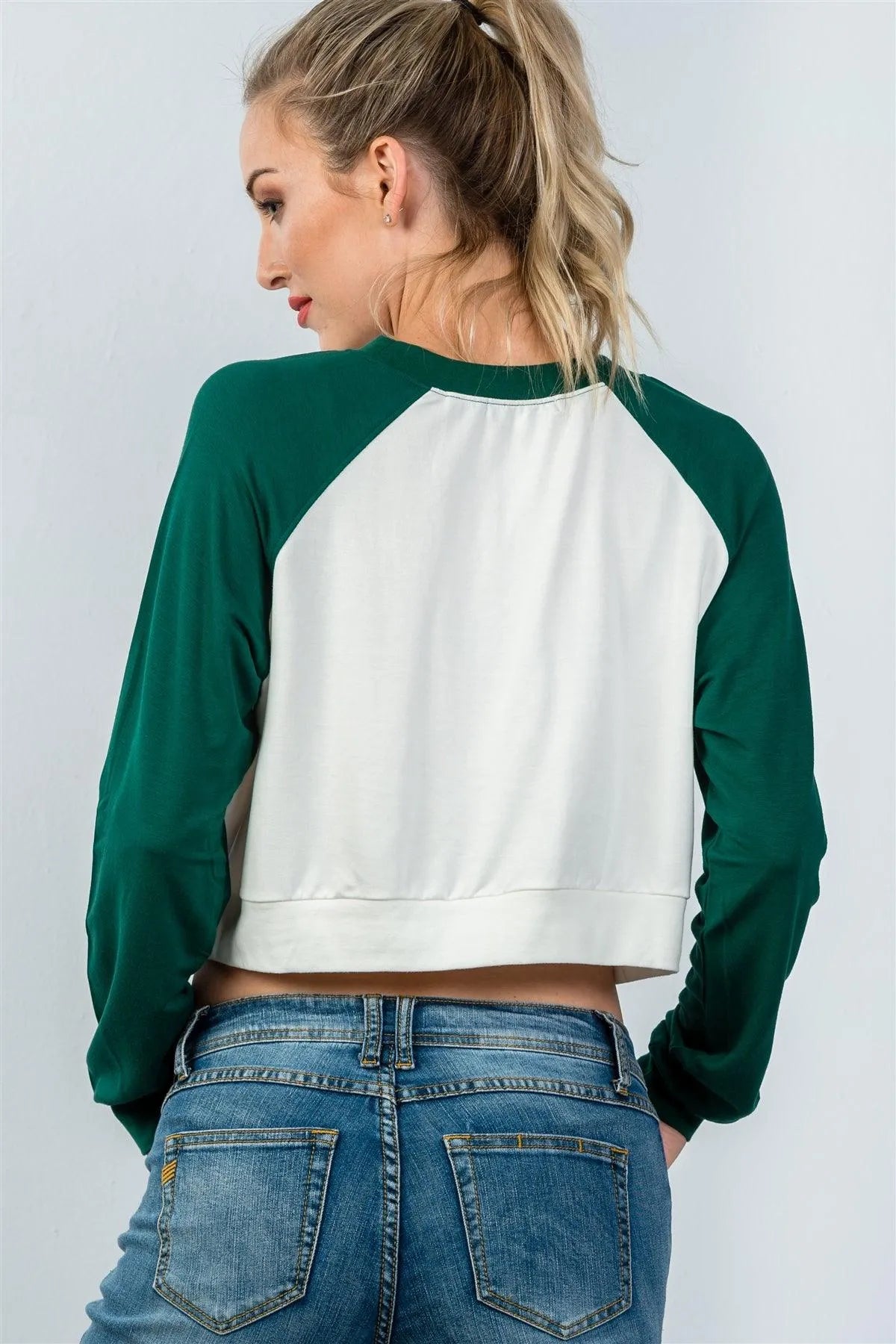 Green Color Block Long Sleeve Cropped Pullover Sweatshirt / 3-2-1 - Tasha Apparel Wholesale