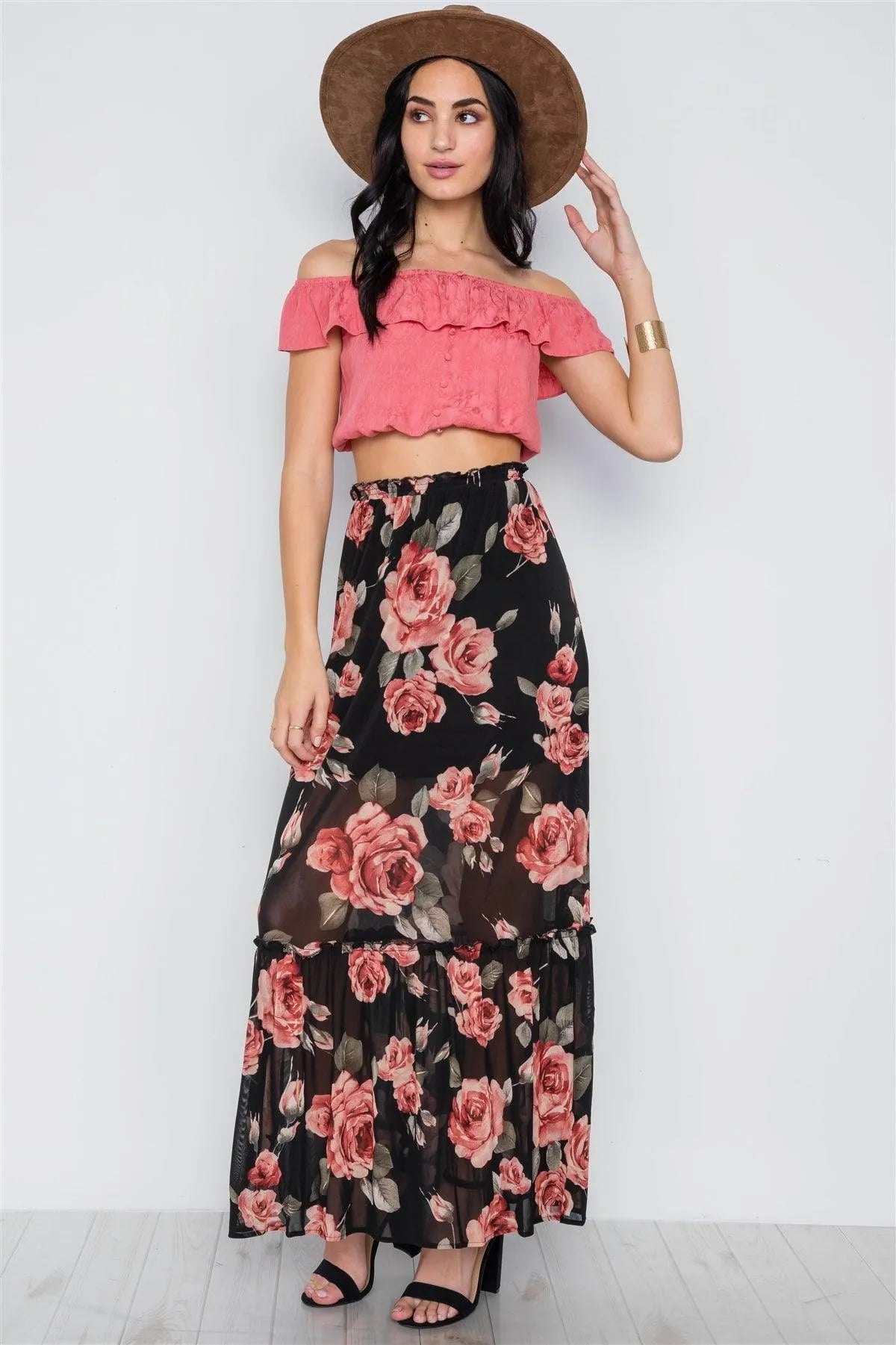 Black Rose Print Mash Maxi Skirt /1-1-2 - Tasha Apparel Wholesale