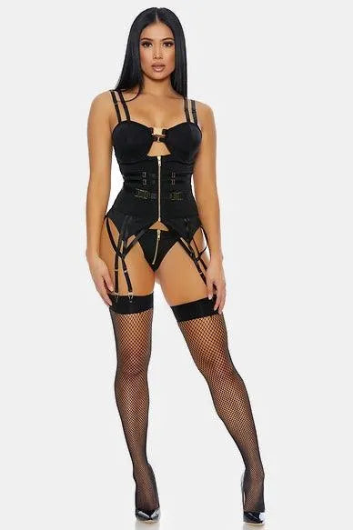 Black Velours Gold Buckle Strappy Two Piece Lingerie /2-2-2 - Tasha Apparel Wholesale