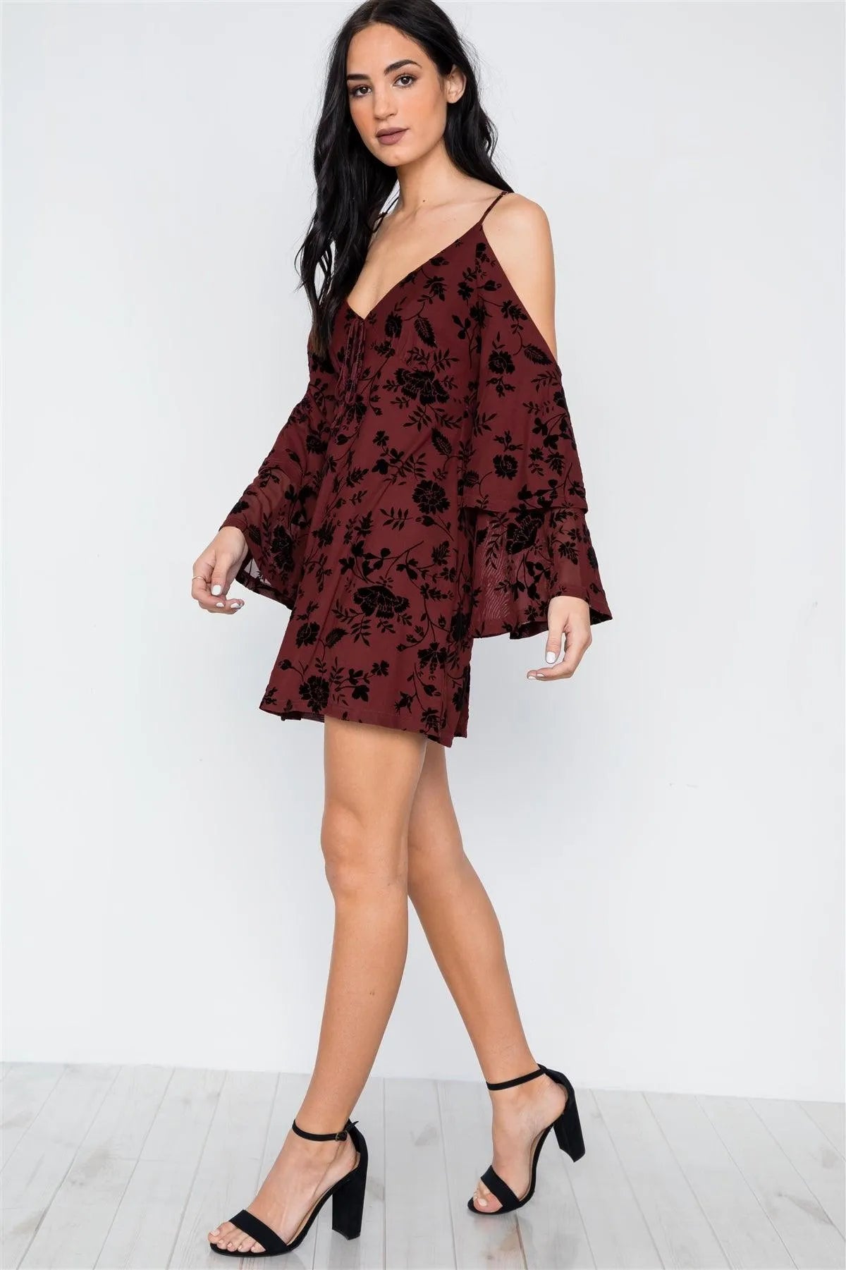 Wine Burnout Velvet Cold Shoulder Tiered Bell Sleeve Mini Dress /3-2-1 - Tasha Apparel Wholesale