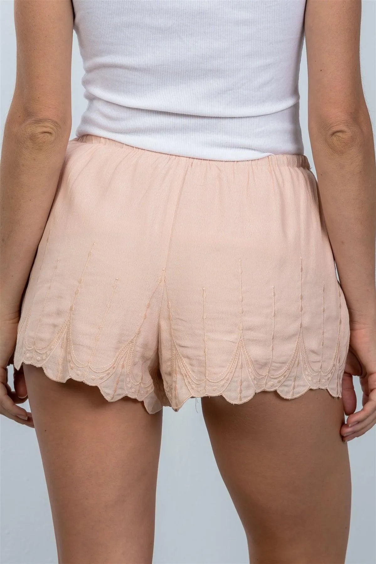 Blush Scallop Hem Elastic Waist Shorts /1-2 - Tasha Apparel Wholesale