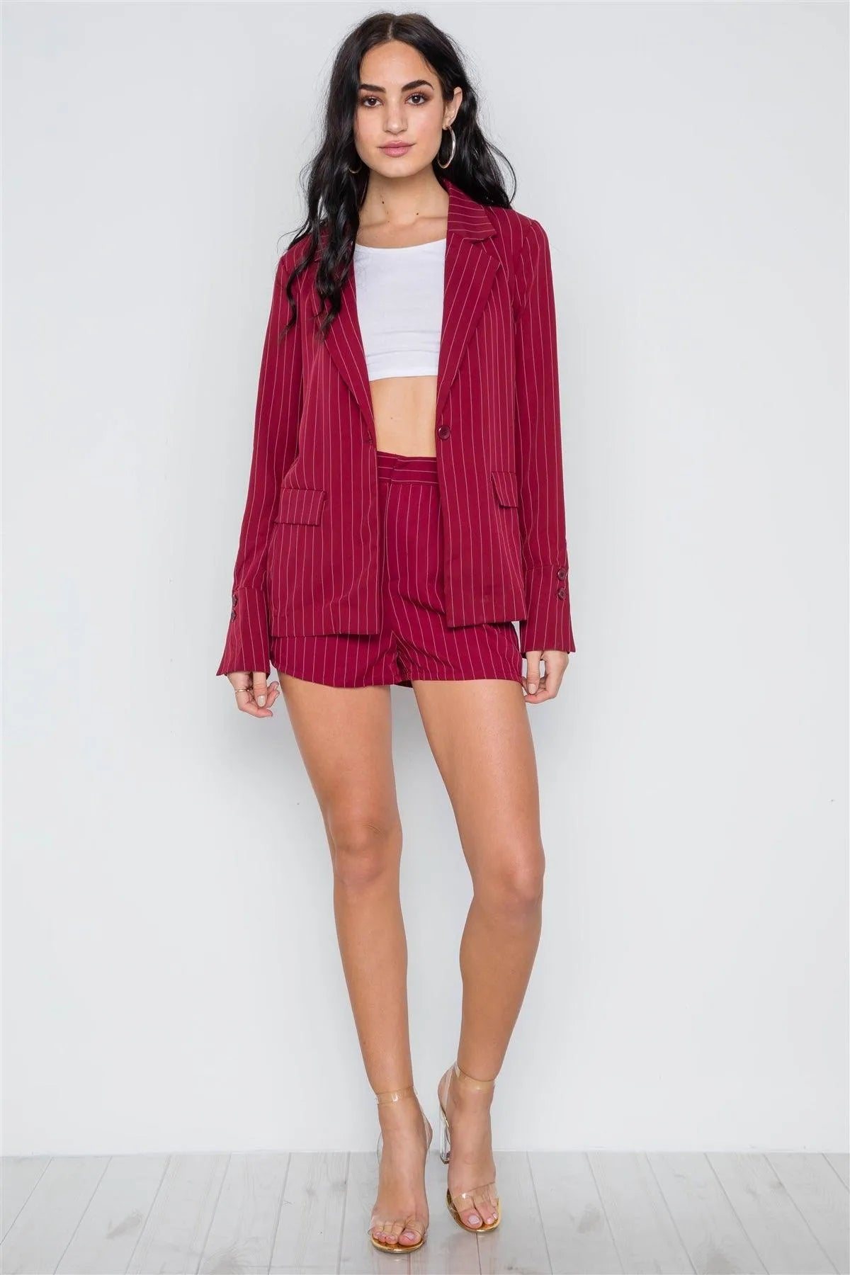 Wine Stripe Side Pockets Relaxed Fit High-Rise Short / 1-2-2-1 - Tasha Apparel Wholesale