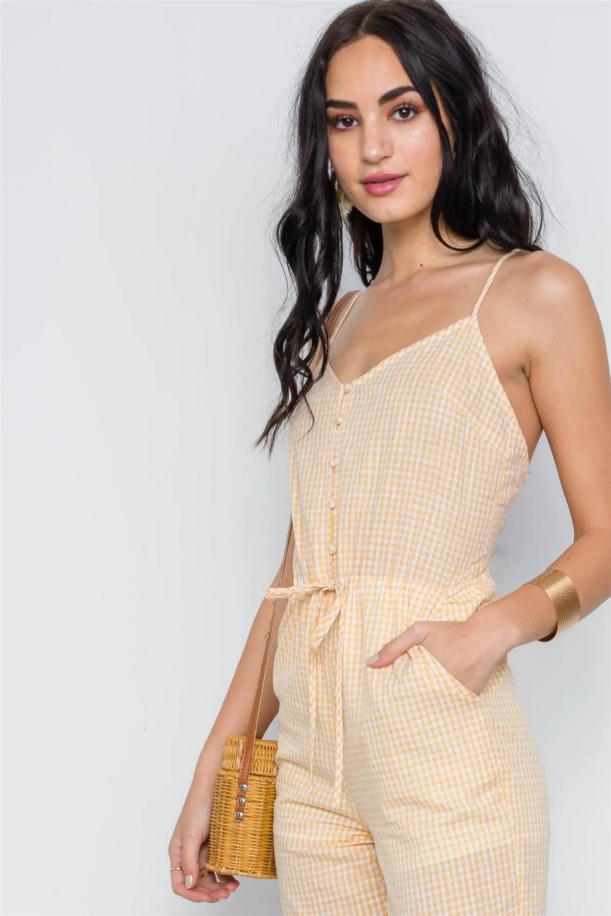 Yellow Cami Strap Gingham Open Back Boho Jumpsuit /1-2-2-1 - Tasha Apparel Wholesale