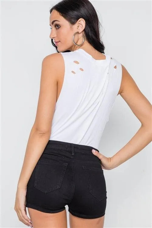 White Distressed Sleeveless Solid Knit Bodysuit /2-2-1 - Tasha Apparel Wholesale