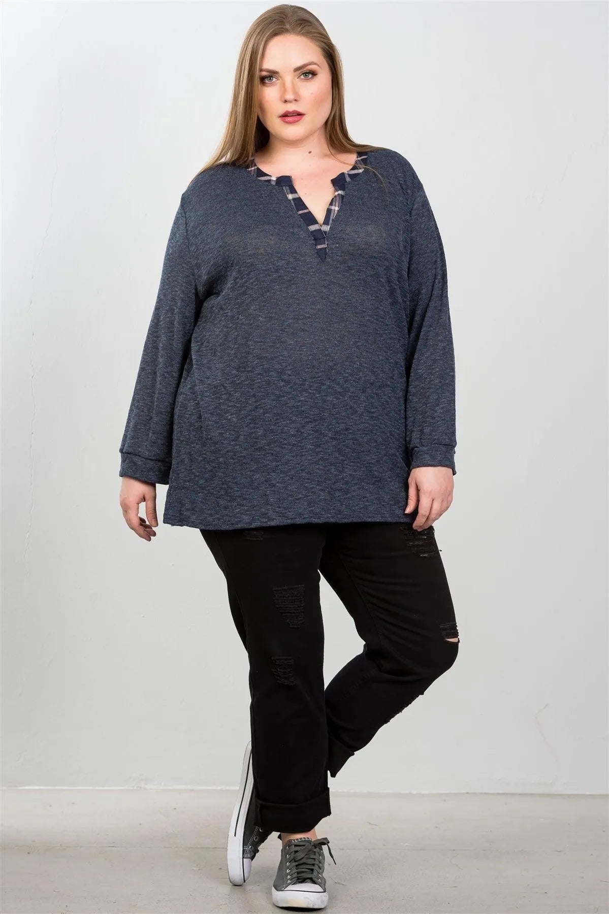 Junior Plus Size Navy And Plaid Trim Boho Tunic Top /2-2-1 - Tasha Apparel Wholesale