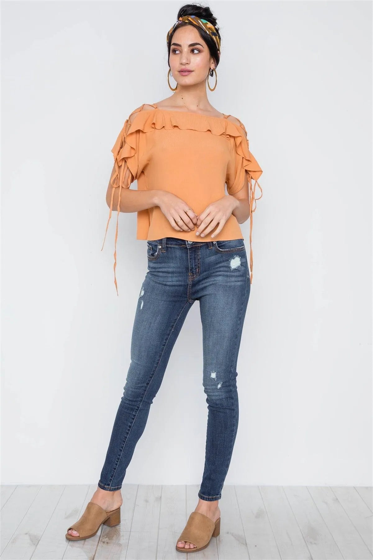 Honey Flounce Solid Lace Up Sleeves Boho Top /2-2-2 - Tasha Apparel Wholesale