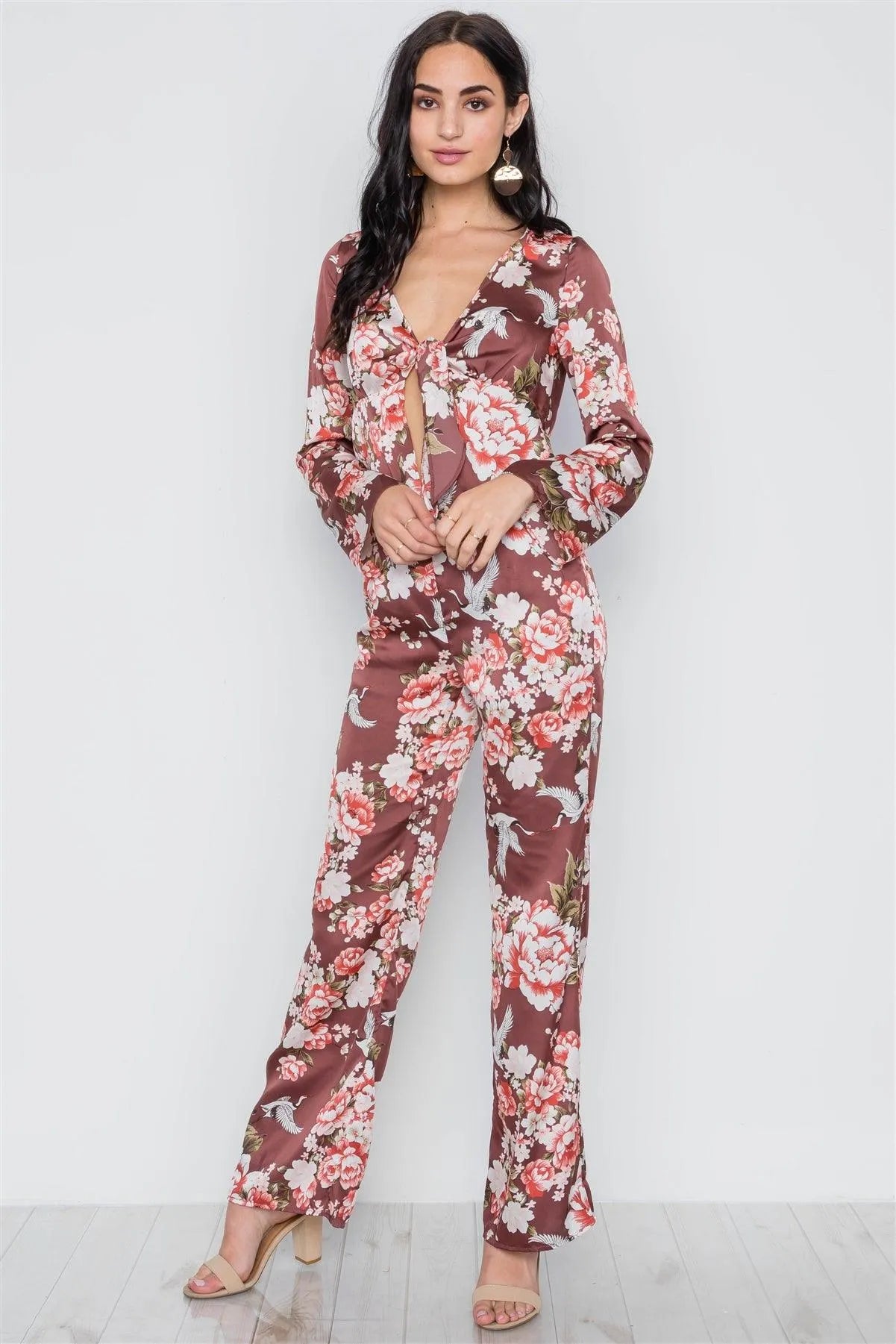 Brick Floral Print Bell Sleeve Front Tie Satin Top /3-2-1 - Tasha Apparel Wholesale