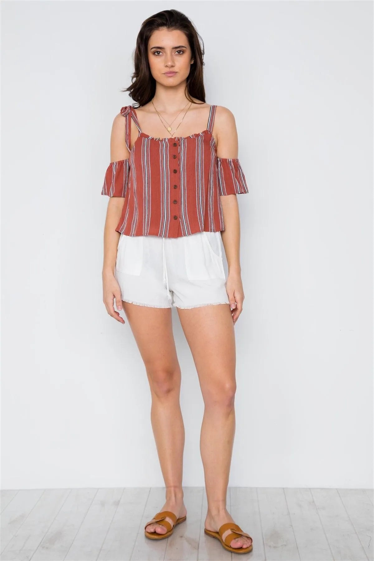 Mauve Striped Cold Shoulder Short Sleeve Top / 3-2-1 - Tasha Apparel Wholesale