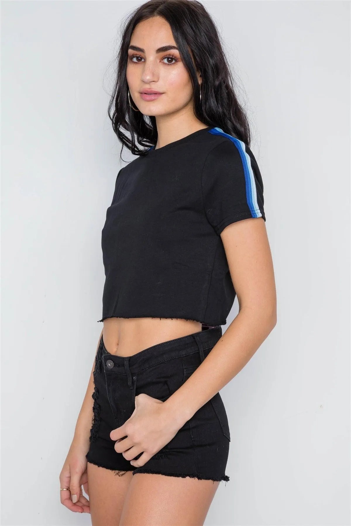 Black Knit Contrast Trim Round Neck Short Sleeve Top / 1-1-2-1 - Tasha Apparel Wholesale