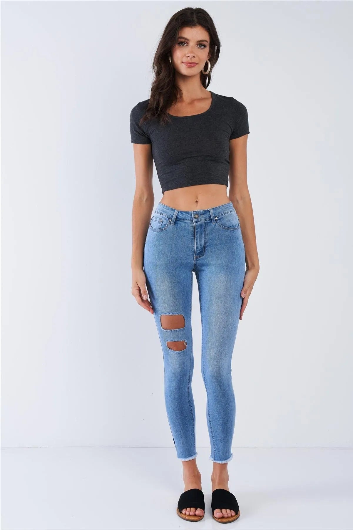 Light Blue Ripped Leg Fringed Hem Jean High Waisted Pants /1-2-2-2-2-2-2-1 - Tasha Apparel Wholesale
