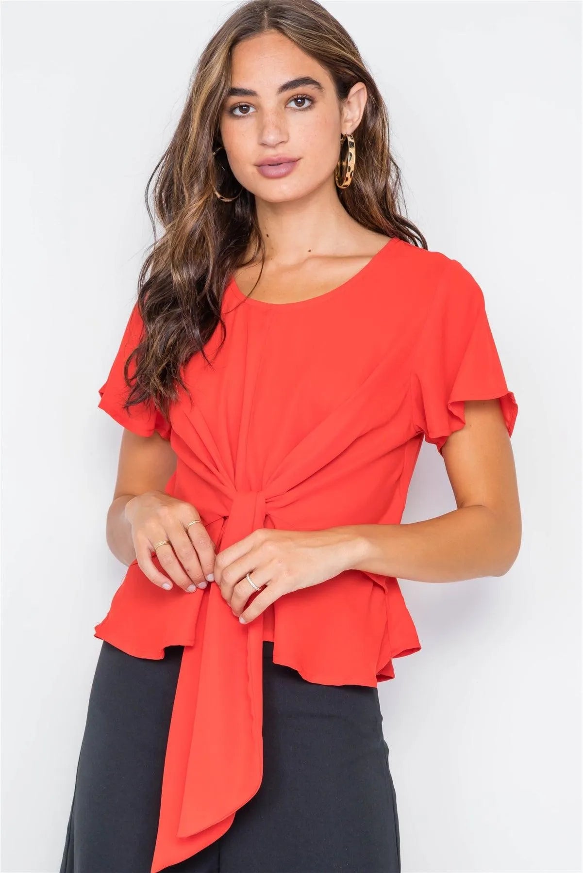 Tomato Tie-Front Butterfly Sleeve Chiffon Blouse - Tasha Apparel Wholesale