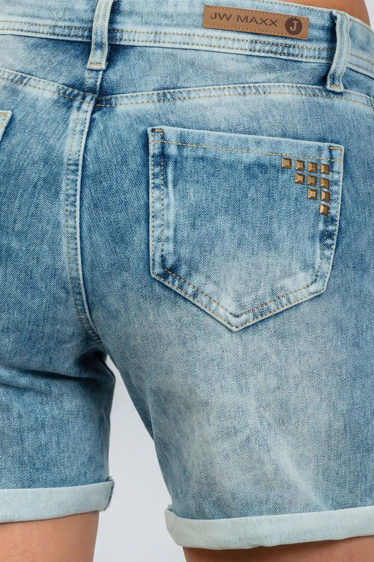 Light Blue Mid-Length Cuffed Hem Shorts / 3-3-2 - Tasha Apparel Wholesale