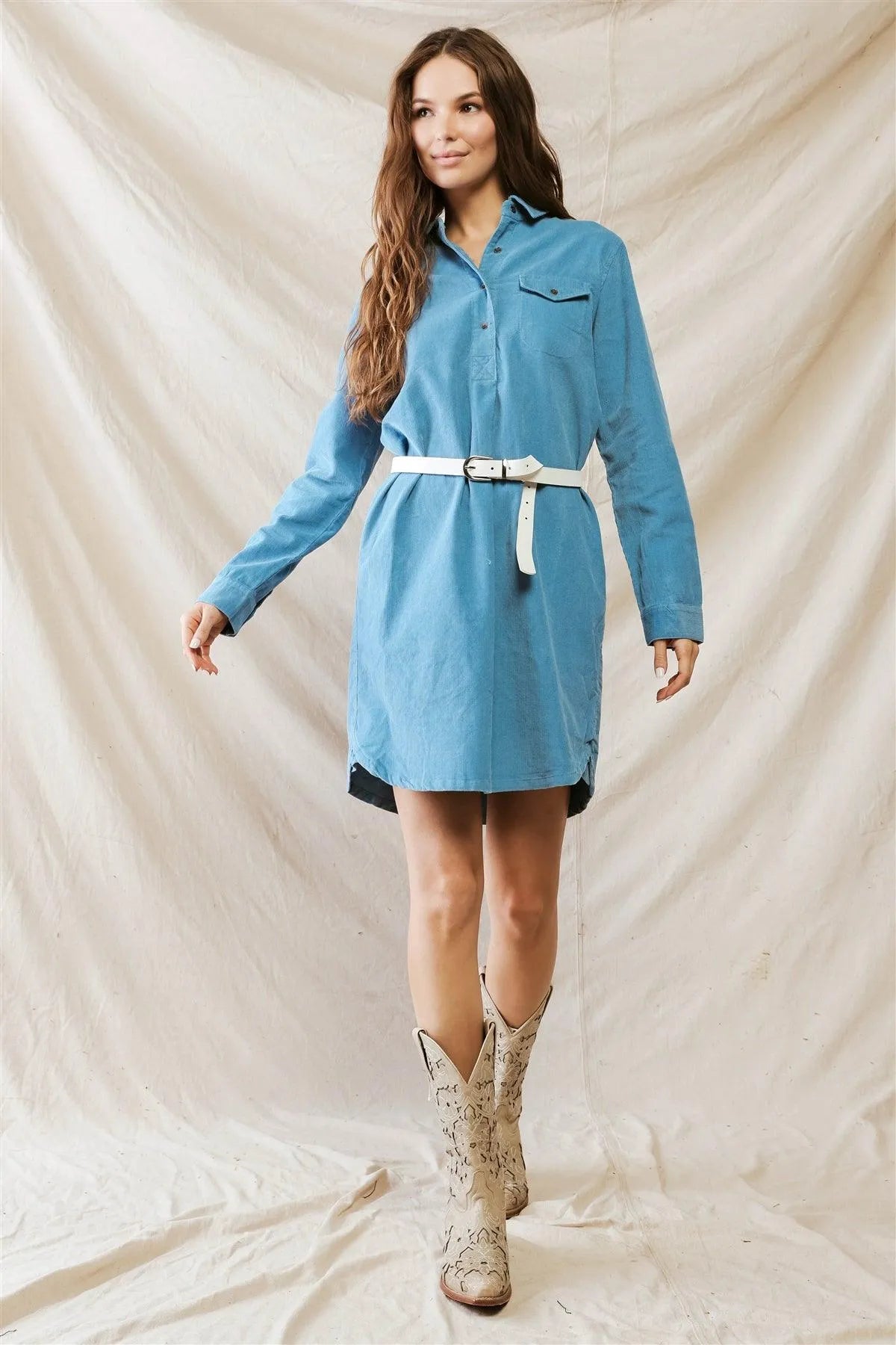 Stone Blue Ribbed Button-Up Collared Neck Two Pocket Mini Dress /1-2-2-1 - Tasha Apparel Wholesale