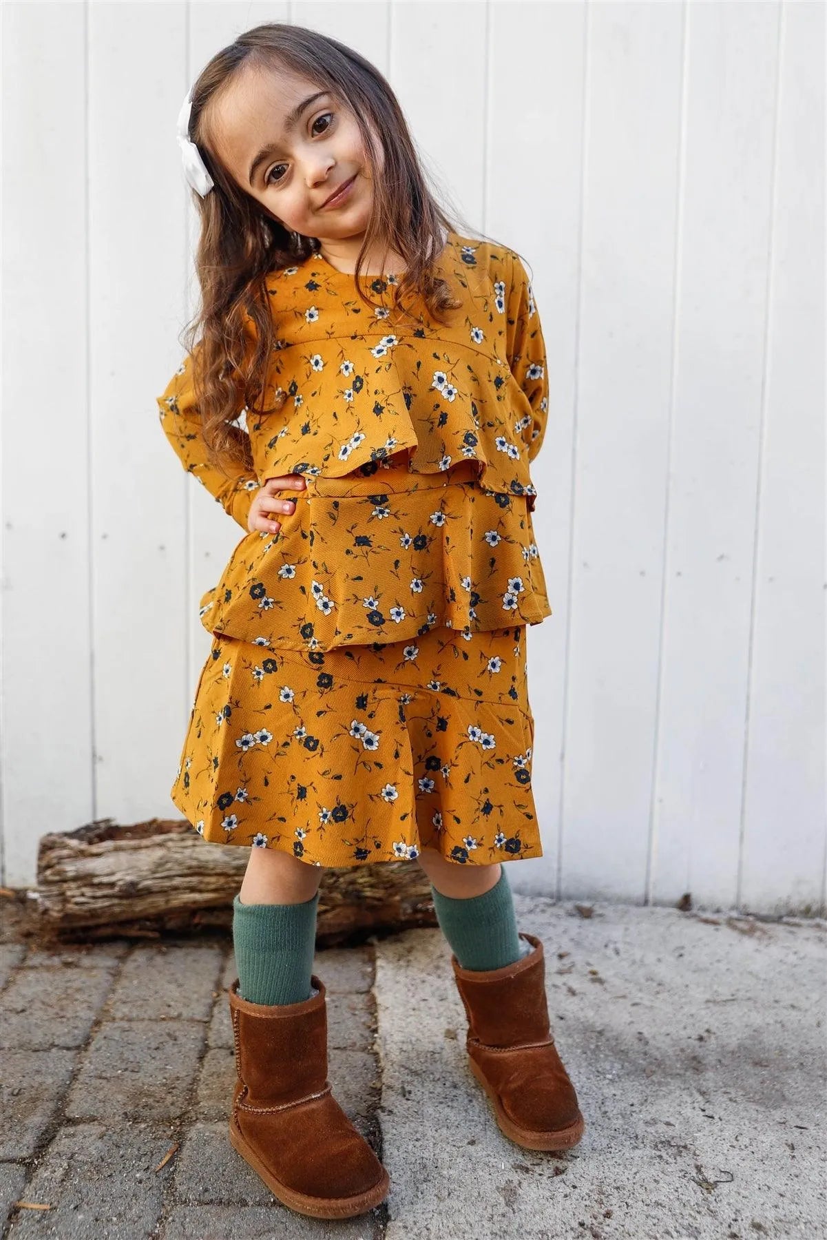 Toddler Girls Mustard Floral Print Ruffle Dress /1-2-1 - Tasha Apparel Wholesale