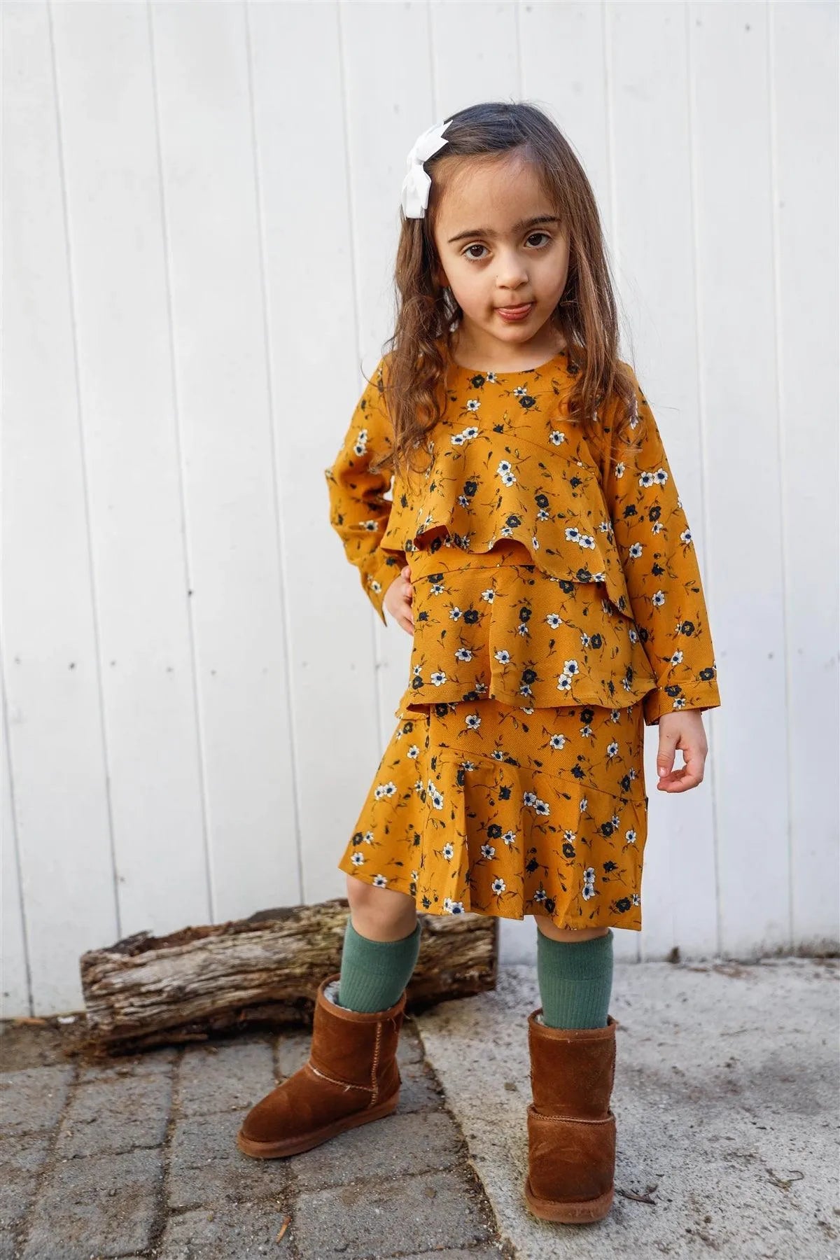 Toddler Girls Mustard Floral Print Ruffle Dress /1-1-2-2 - Tasha Apparel Wholesale