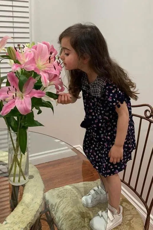 Toddler Girls Navy Floral & Plaid Print Colorblock Trim Detail Sleeve Dress /2-1-2-1 - Tasha Apparel Wholesale