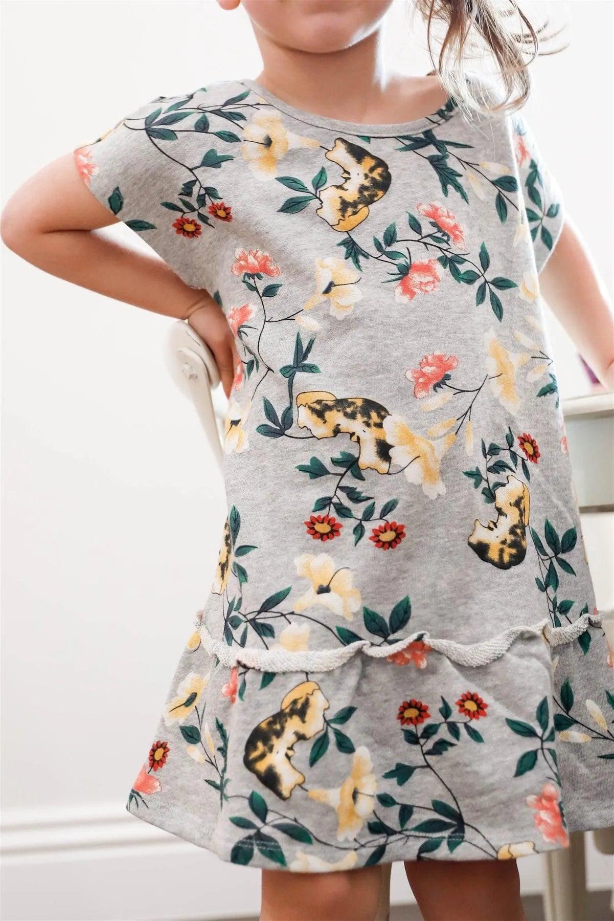 Toddler Girls Grey Floral Print Cotton Ruffle Hem Dress /1-1-1-1 - Tasha Apparel Wholesale