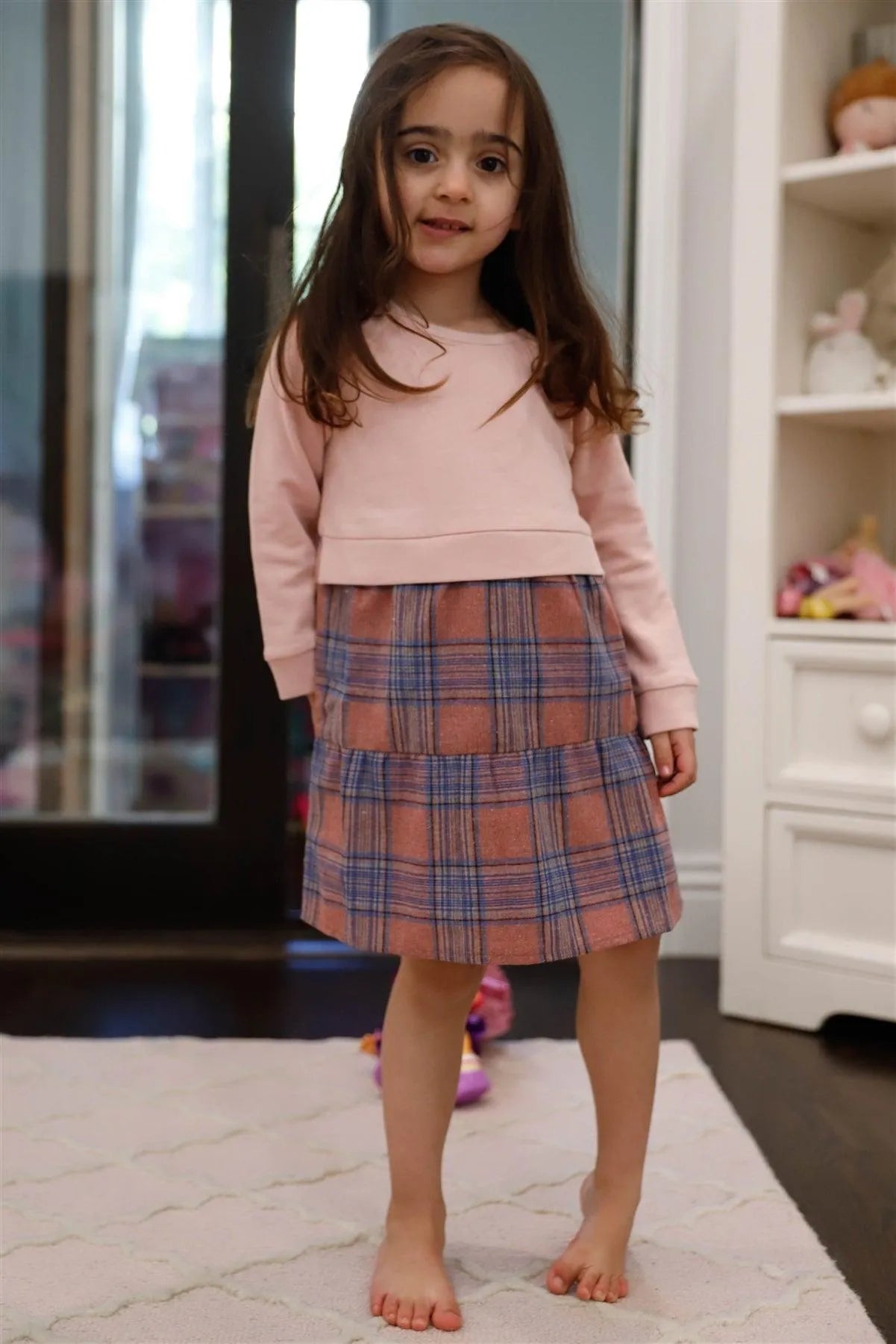 Toddler Girls Dusty Rose Plaid Colorblock Long Sleeve Dress /1-2-3 - Tasha Apparel Wholesale