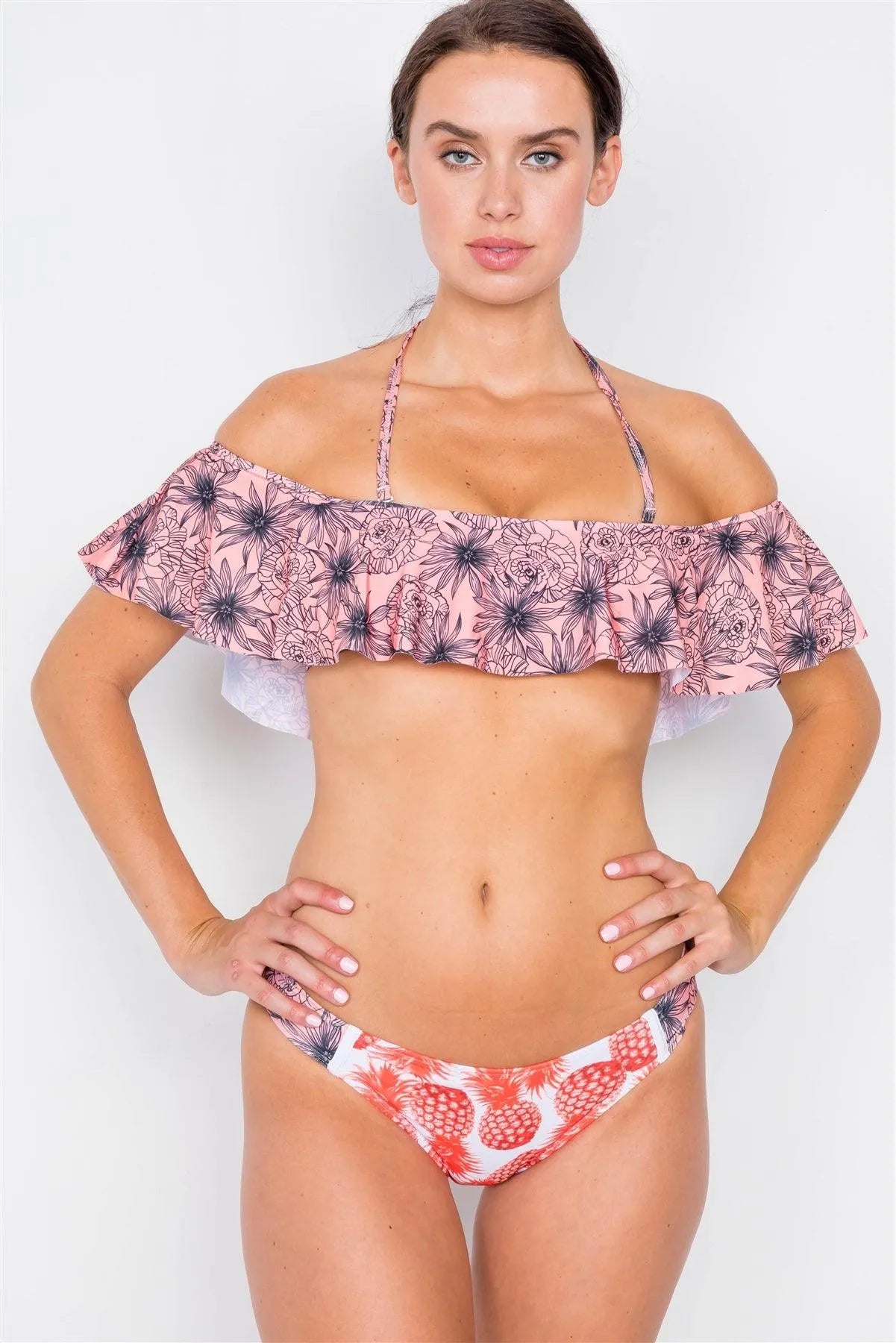 Pink & Orange Pineapple Floral Print Mix Two Piece Bikini /1-1-1-1 - Tasha Apparel Wholesale